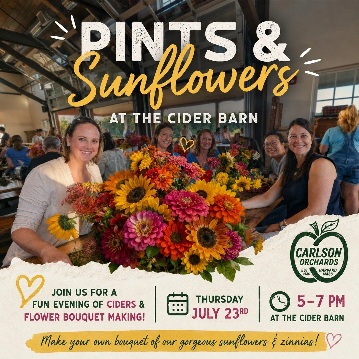 Pints &amp; Sunflowers are back! After such a wonderful response last year, we're bringing back one of our favorite evenings at the Cider Barn!

Join us Thursday, July 23, from 5&ndash;7 PM to create your own beautiful bouquet from our farm-grown sun