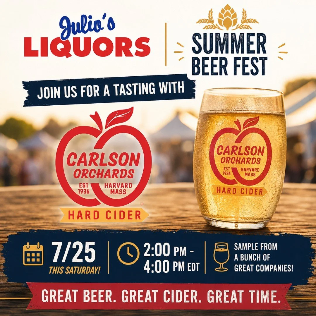 This Saturday, July 25, we'll be pouring Carlson Orchards Hard Cider at Julio's Liquors Summer Beer Fest in Westborough!

Come sample our lineup alongside an incredible selection of craft breweries and cider makers from across the region. Whether you