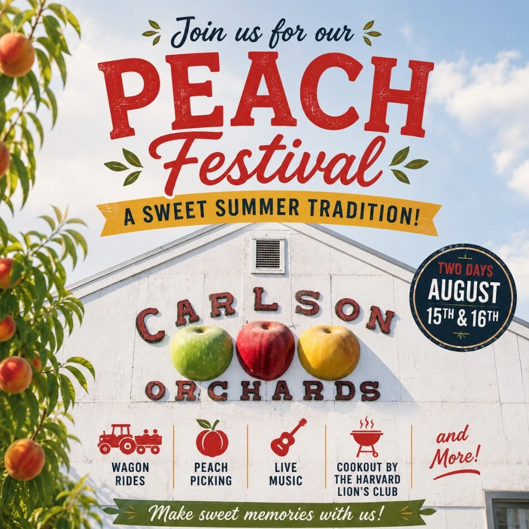 🍑 Peach Festival is back at Carlson Orchards!

Join us August 15th &amp; 16th from 10 AM&ndash;5 PM for a weekend celebrating one of our favorite summer traditions &mdash; peach season in Harvard!

Pick your own fresh peaches, hop on a wagon ride th
