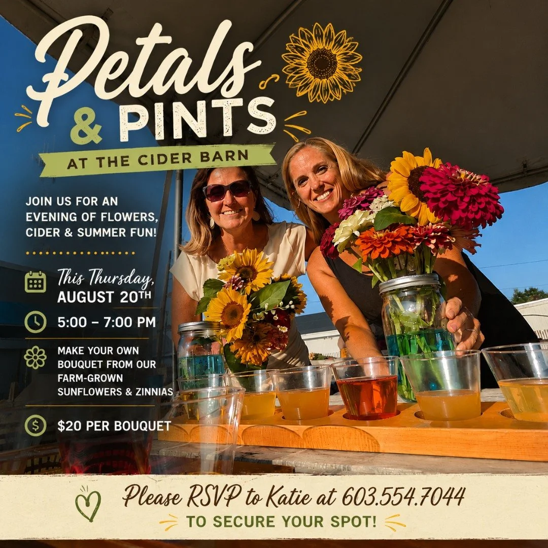 Petals &amp; Pints is back!

After such a great time at our last event, we're doing it again! Join us this Thursday, August 20, from 5&ndash;7 PM at the Cider Barn for another summer evening of fresh flowers, cider, and fun on the farm.

Create your 