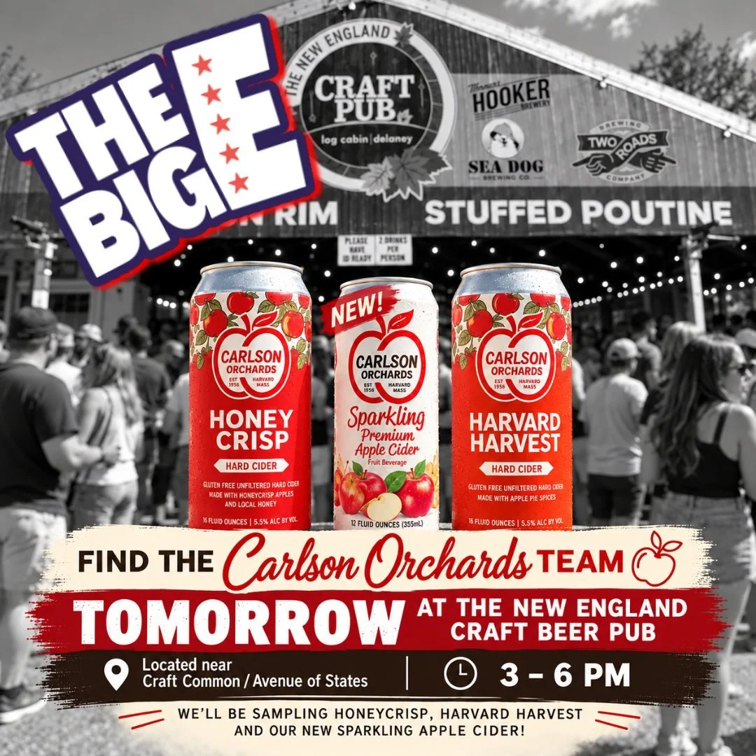 Heading to The Big E tomorrow? Keep an eye out for the Carlson Hard Cider team!

We&rsquo;ll be at the New England Craft Beer Pub from 3&ndash;6 PM, pouring FREE samples of:
Harvard Harvest &ndash; all the flavors of fall
Honeycrisp &ndash; a Carlson