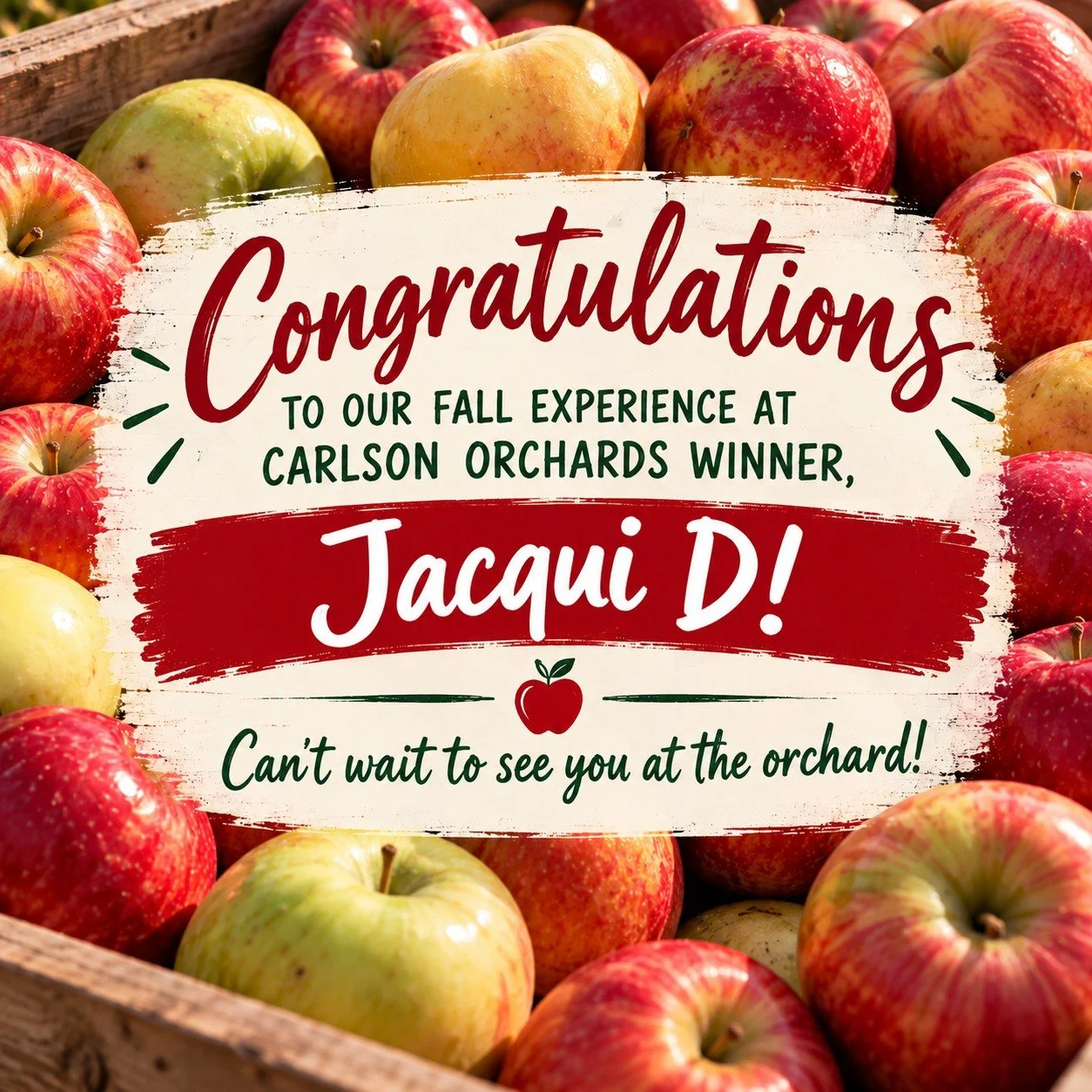 We have a winner!

What a response to our Fall Experience Giveaway! We loved seeing so many new names join our newsletter&mdash;and finding out just how many of you love our cider as much as we do. We&rsquo;re excited to have you along for Cider Barn