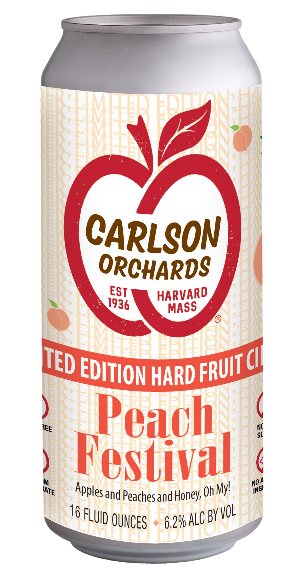 A can of Carlson Orchards limited edition peach festival hard cider. The label features a large red peach graphic with a leaf, and text indicating it is a peach flavor, est. 1936, Harvard Mass, with information about alcohol content, volume, and ingredients.