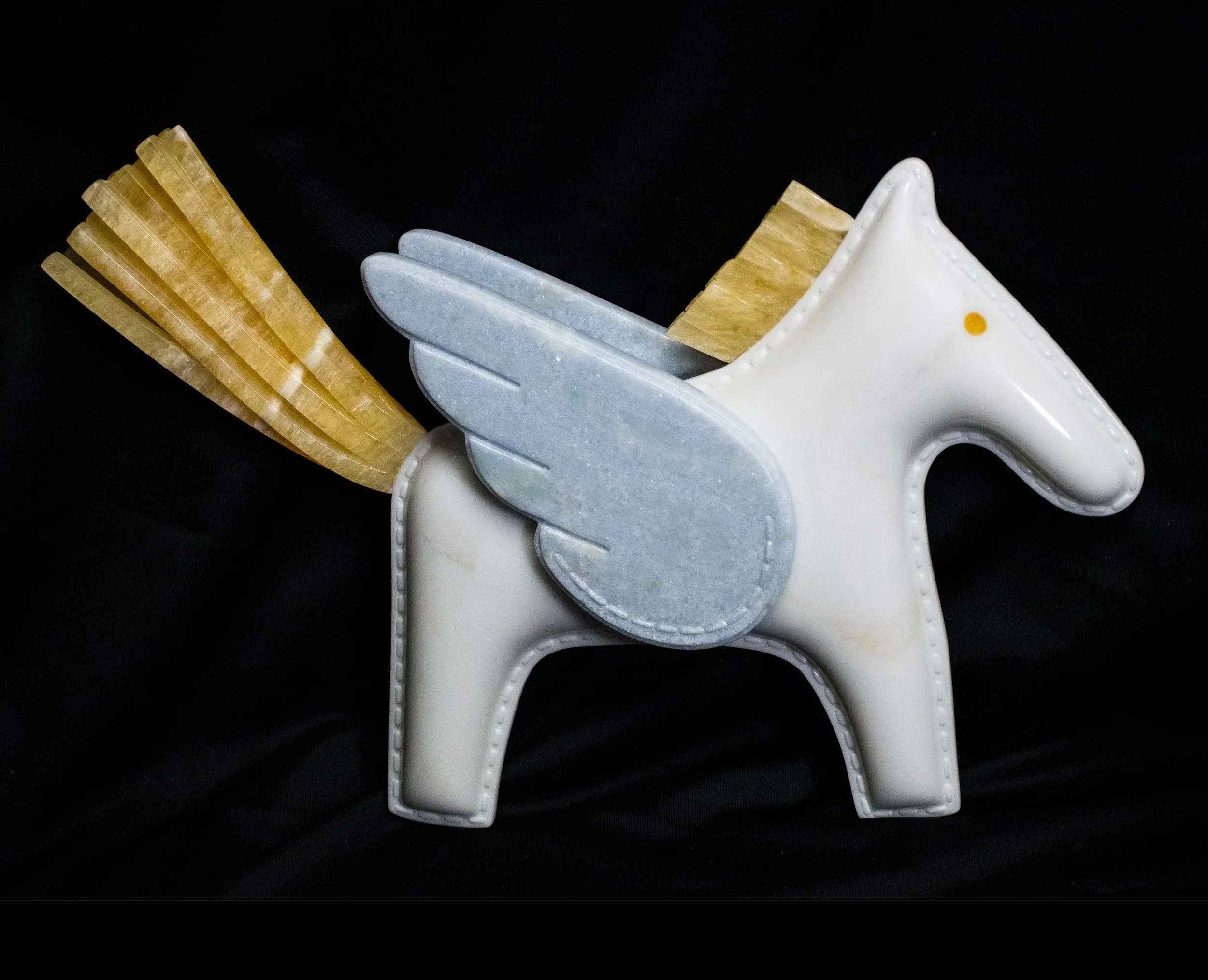  Pegasus Dawn, 2024 
 Carrara Marble, Orange and Blue Calcite  
16"W x 13"H x 2.5"D 
