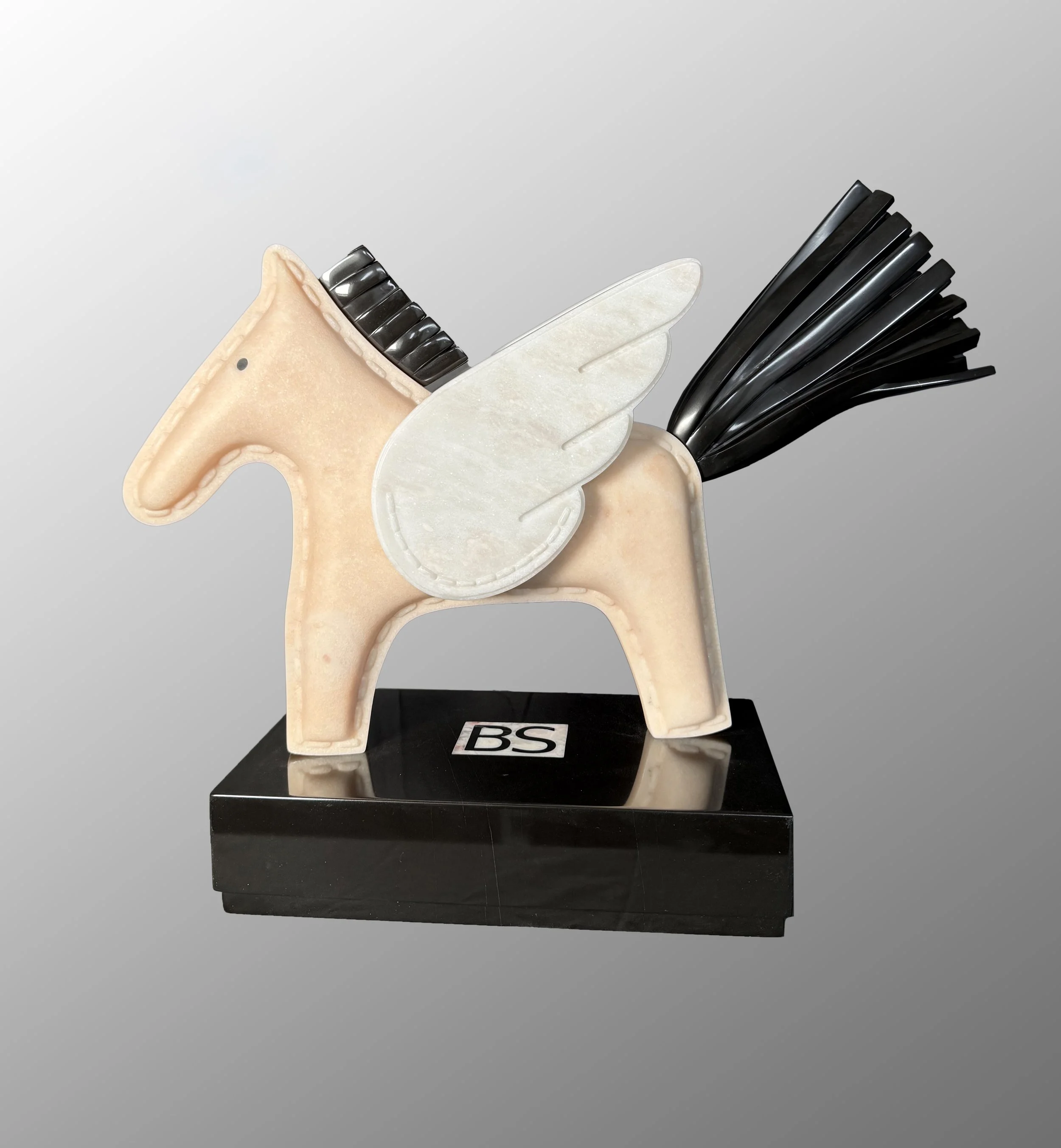  Pegasus and Giftbox, 2026 
 Portuguese, Black Marble and White with Pink Quartzite  18.75"Wx 24.25"W x8"D 