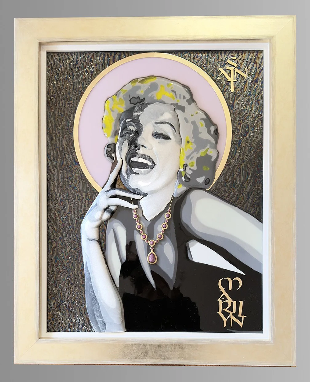 Saint Marilyn, 2025 
  Fuse Glass, Rubies, Brass and Carved Marble  24"H x 20"W x 2"D  