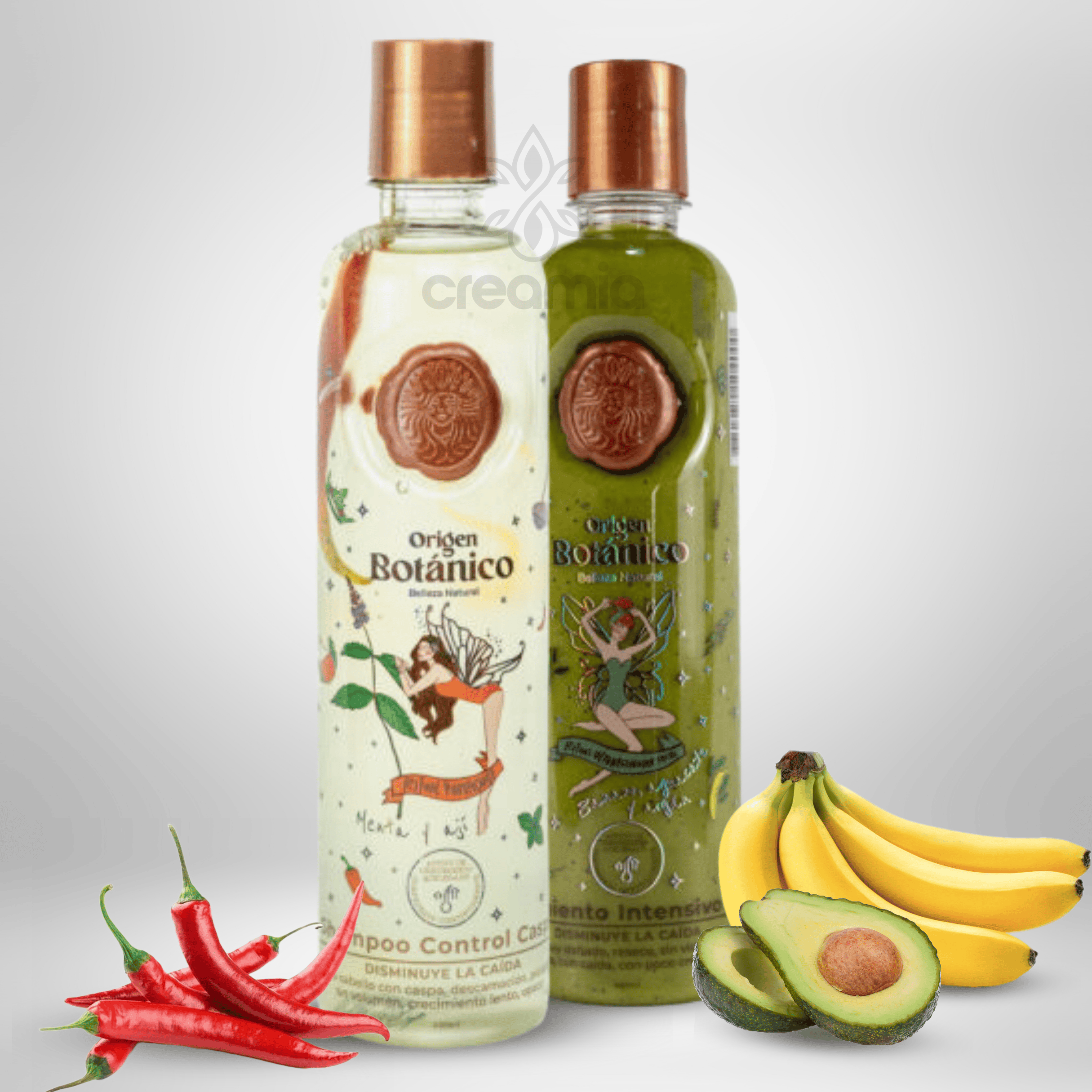 Two bottles of botanical shampoo with caps, surrounded by red chili peppers, bananas, and sliced avocado on a gray background.