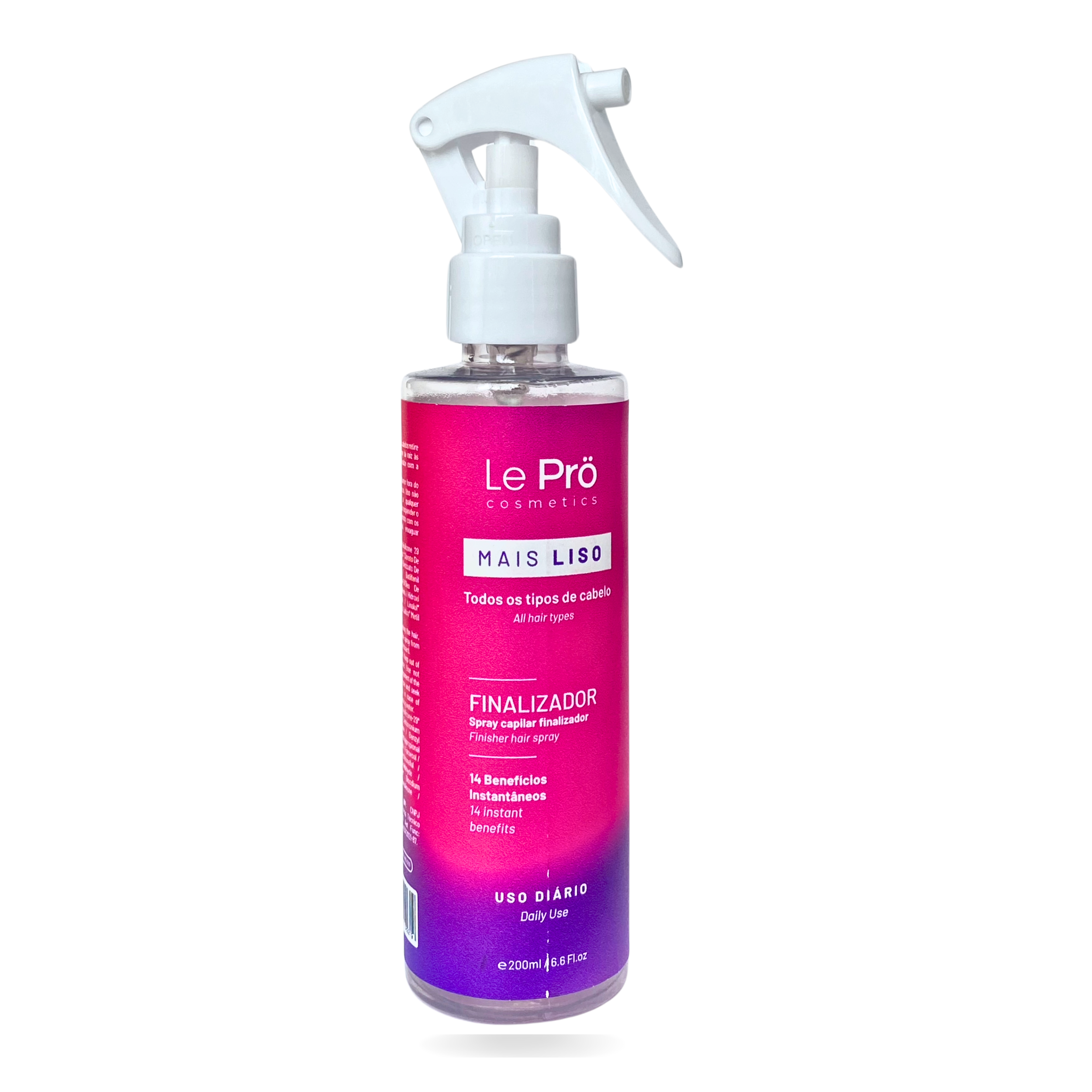 A pink spray bottle of Le Prô cosmetics finishing hair spray with a white spray nozzle, set against a black background.