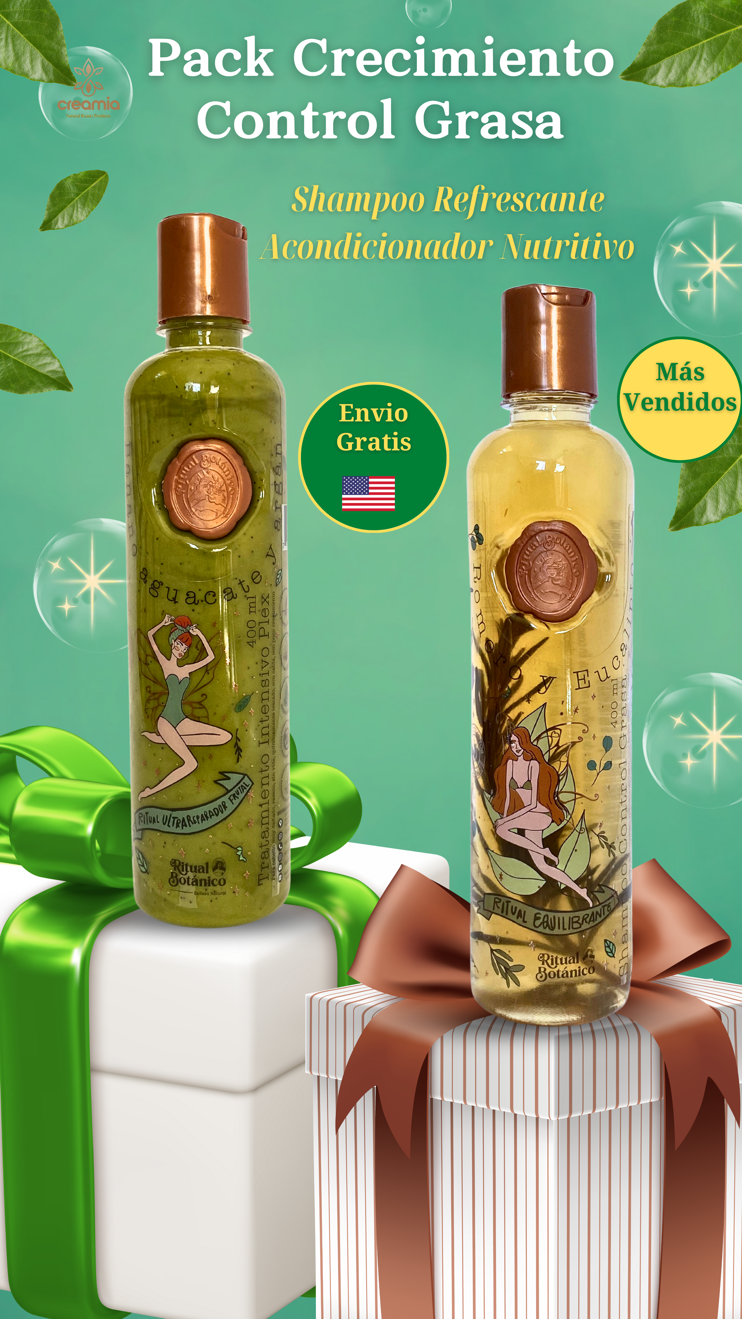 Two bottles of herbal shampoo and conditioner on gift boxes with green leaves, bubbles, and stars in a promotional design for a fat control hair care pack.