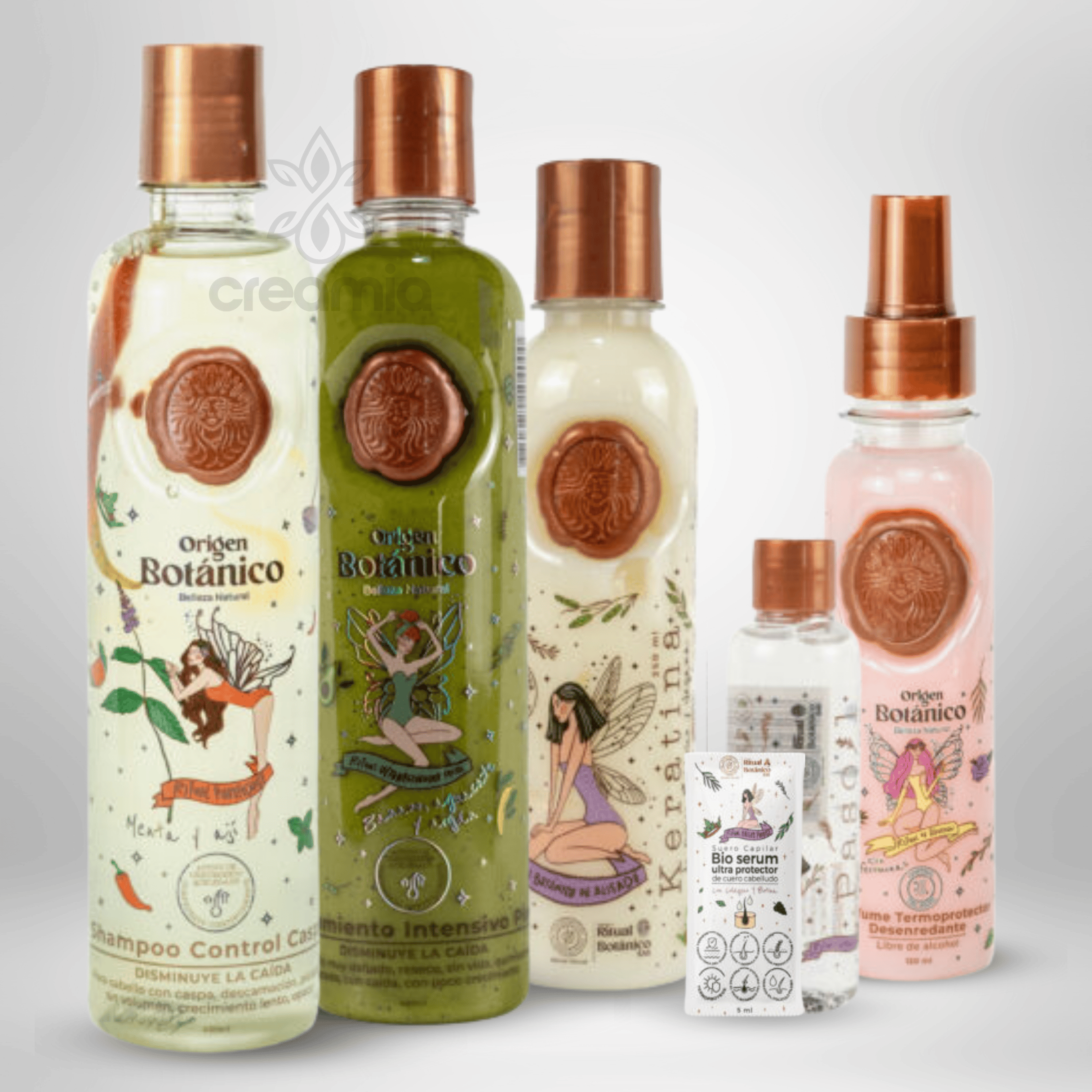 Collection of botanical hair and scalp care products with fairy-themed labels, in various bottles including shampoo, hair treatment, serum, and scalp oil, with a light background.