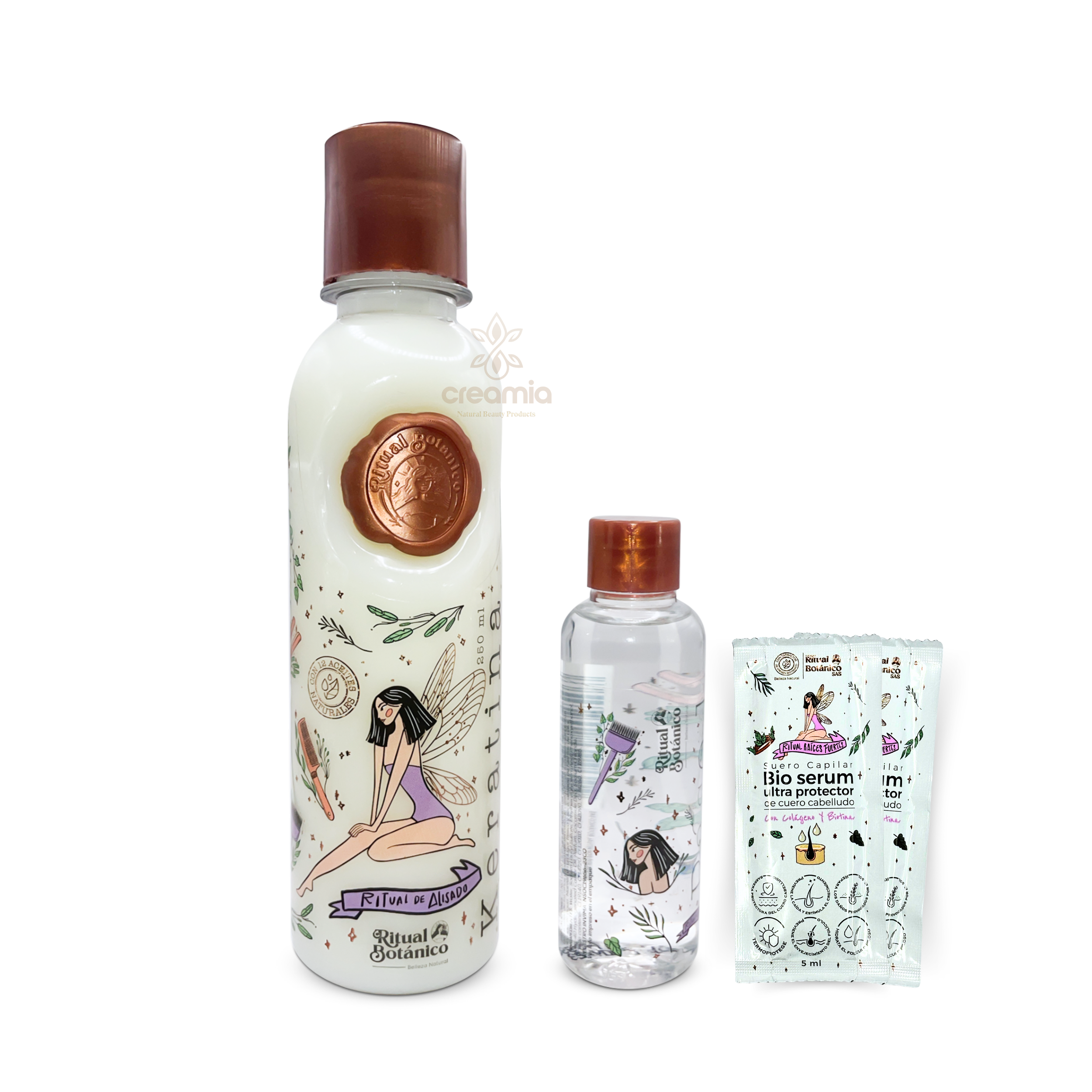 Collection of Ritual Botanico hair care products, including large shampoo or conditioner bottle, smaller clear spray bottle, and small sachets of bio serum and protector, all featuring illustrations of a fairy-like woman and botanical designs.