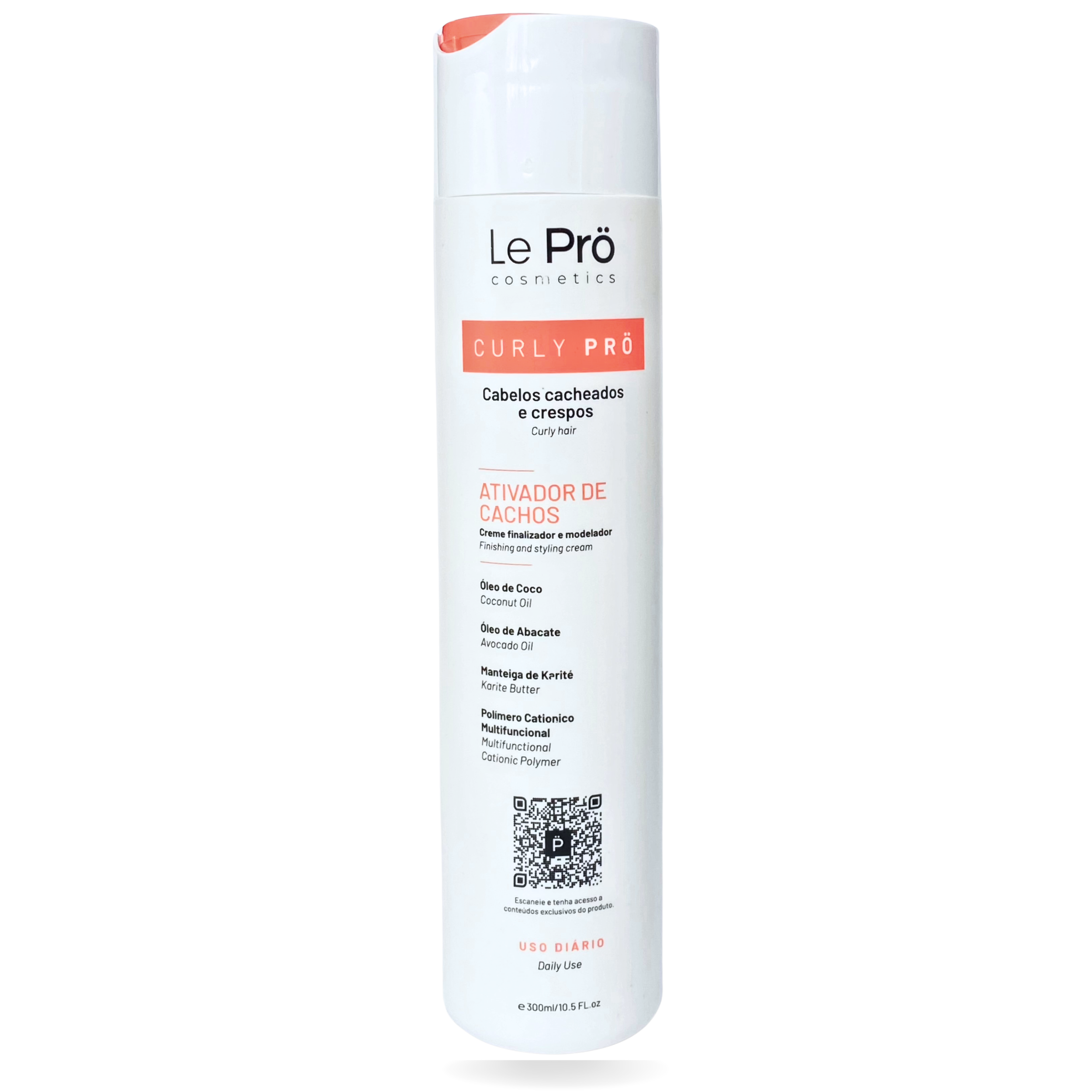 A white cylindrical aerosol can with a pink cap containing Le Prô cosmetics Curly Pro finishing and styling cream, with labels in Portuguese and English.