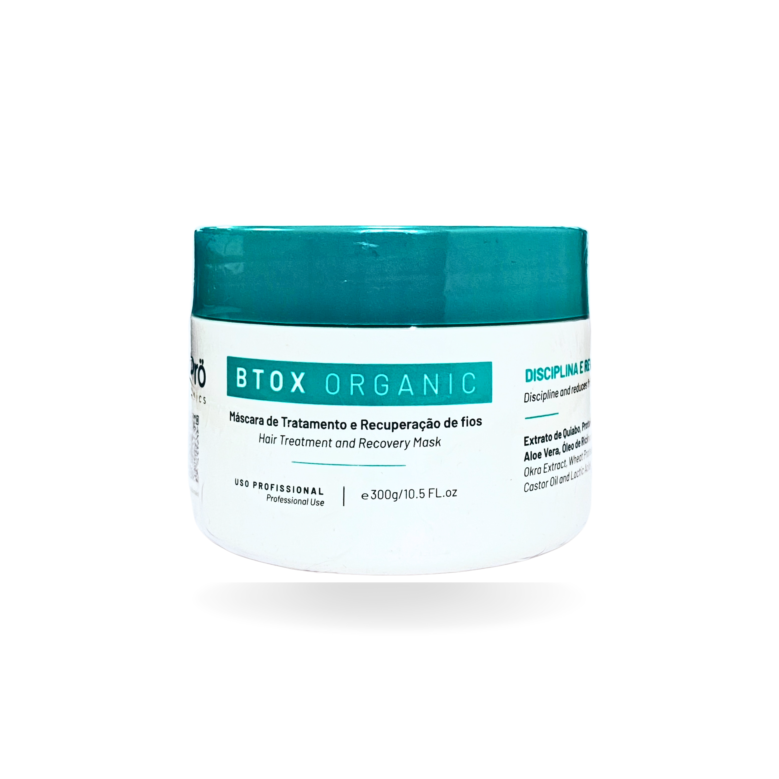 A white container with a teal lid labeled BTOX ORGANIC, a hair treatment and recovery mask, with details in Portuguese including ingredients like aloe vera and wheat extract, indicating professional use.