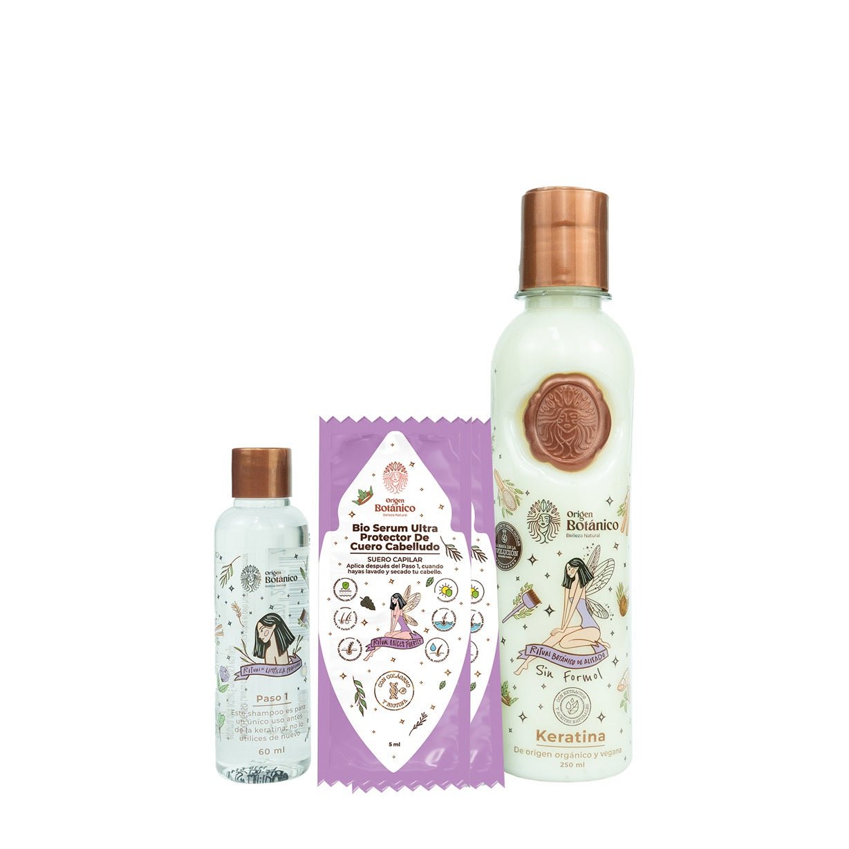 Set of three skincare products: a white bottle with a brown cap featuring a fairy illustration and botanical designs, a small clear bottle with a purple dropper cap and similar fairy-themed label, and two small packets labeled 'Bio serum ultra protector' with fairy imagery and botanical icons