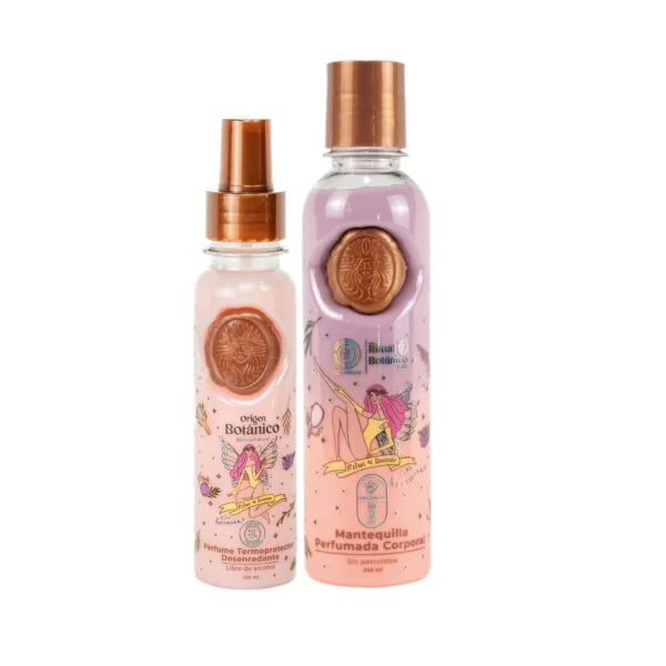 Two bottles of Origen Botanico perfume spray with pink liquid, featuring a fairy tattoo design and a wax seal sticker, with gold caps.
