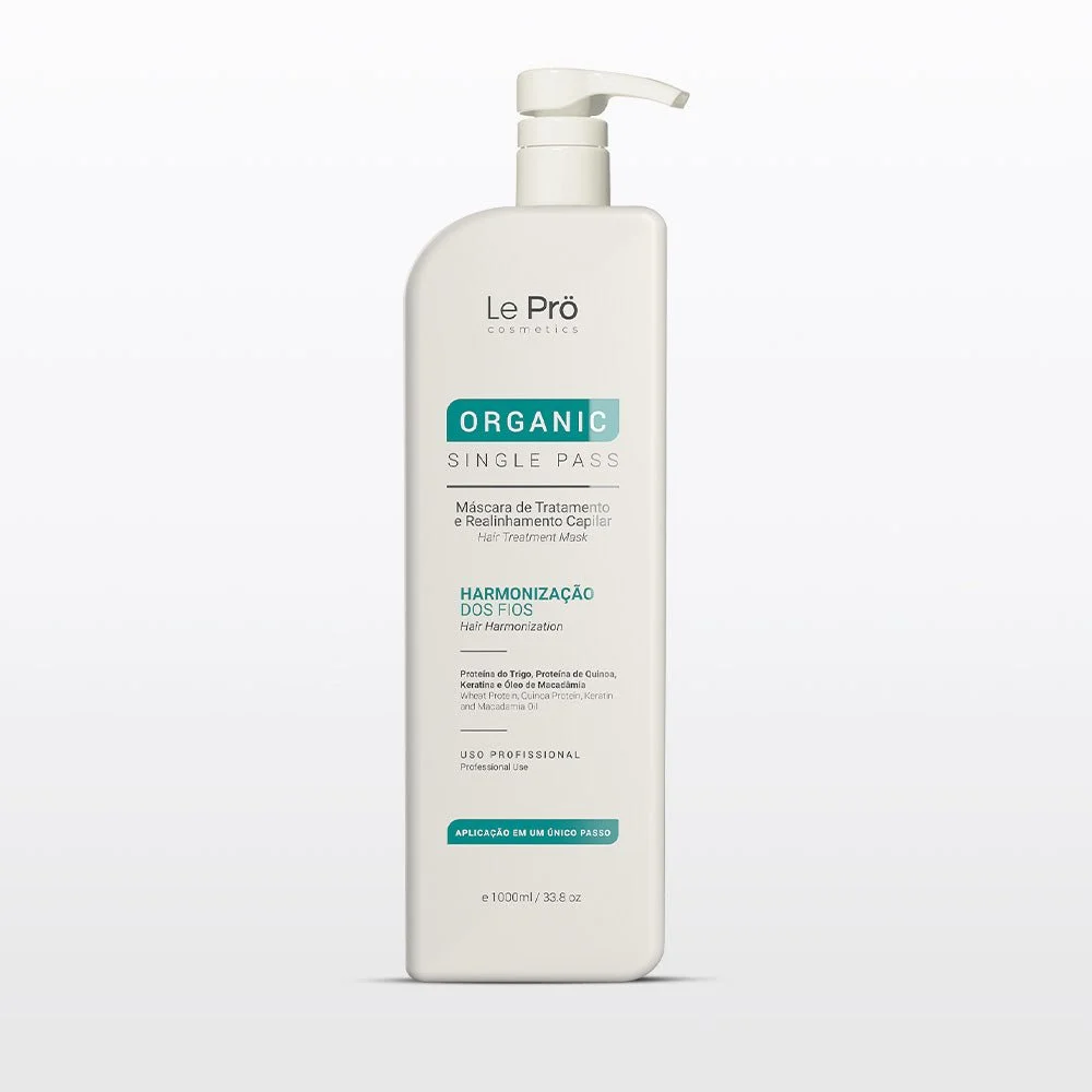 A white bottle of Le Pro Organic Hair Treatment Mask with a pump dispenser, labeled for hair hydration and harmony of hair strands.