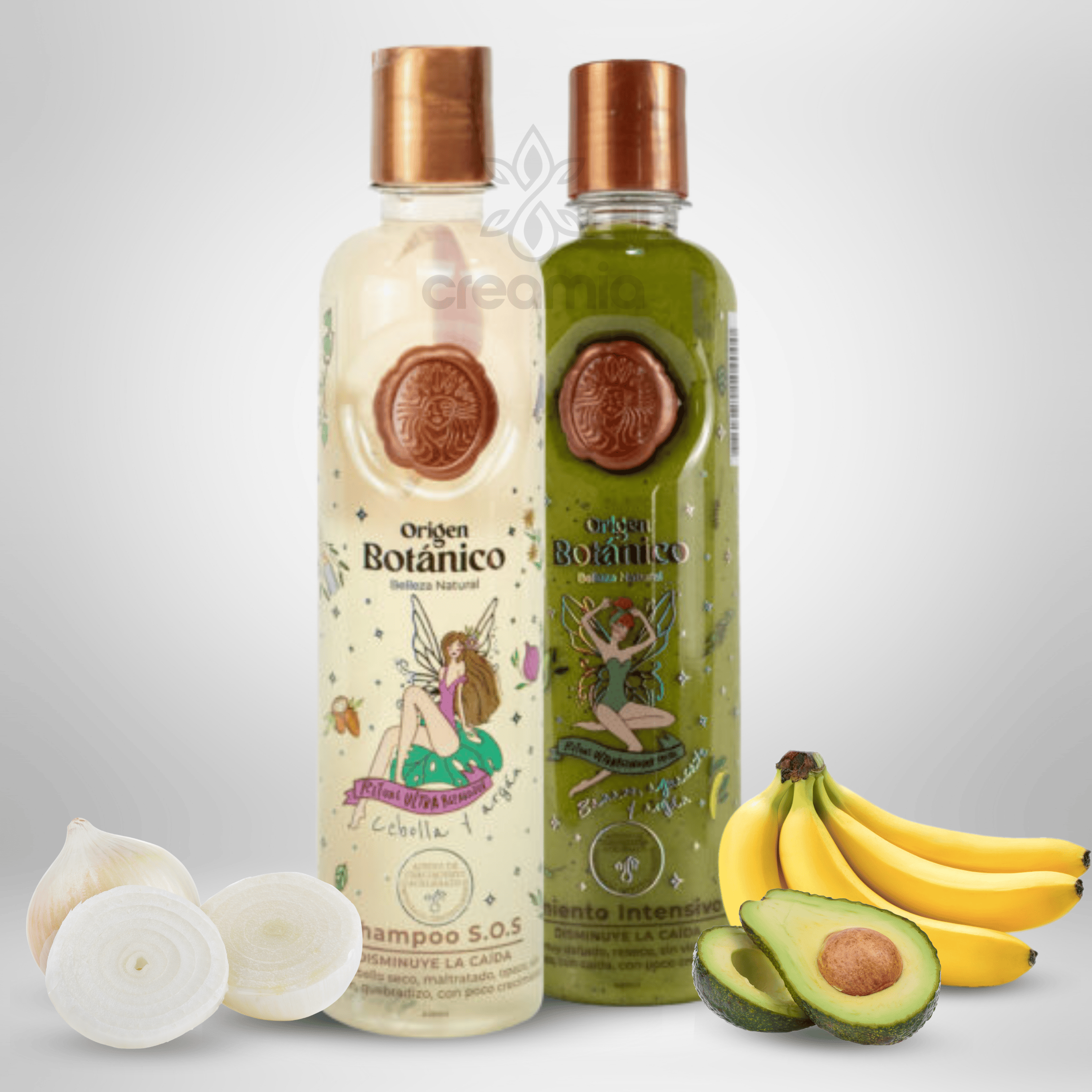 Two bottles of botanical hair care products, one with white liquid and the other with green liquid, surrounded by garlic, onion, bananas, and avocado on a gray background.