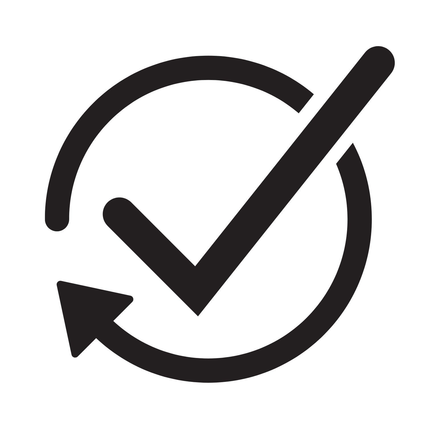 Black and white icon of a clock with a check mark and arrow encircling it, indicating completion or on-time status.