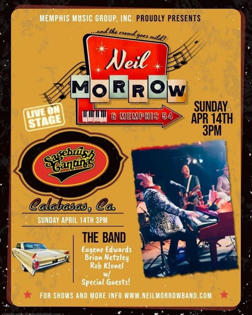 🎸 Don&rsquo;t miss out on the electrifying performance by Neil Morrow and his band, Memphis 54, this Sunday at 3 PM! 🌟 Get ready to rock out to Classic Rock, Rock &lsquo;n&rsquo; Roll, Rockabilly, and Country hits that&rsquo;ll have you on your fee