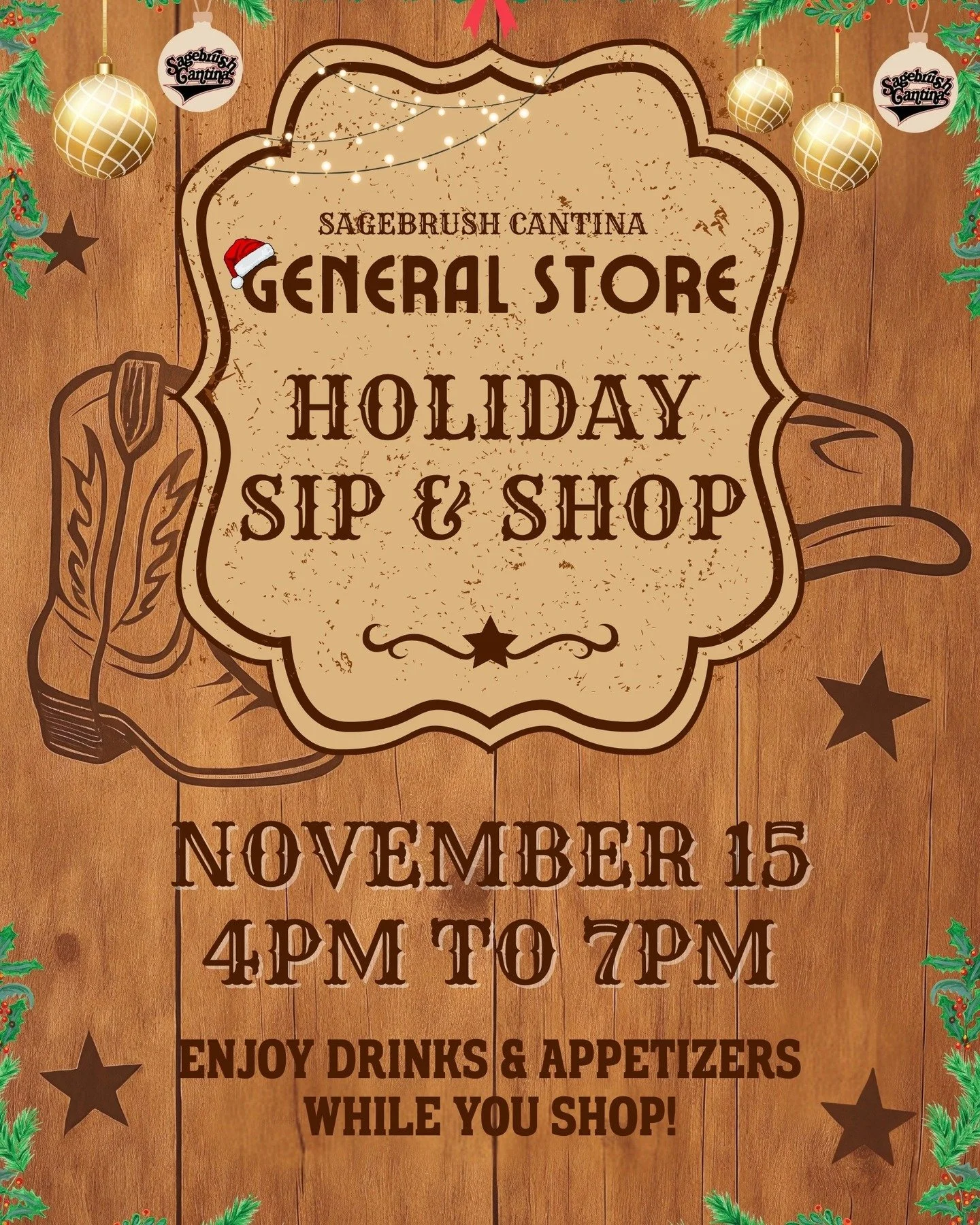 🎄✨ HOLIDAY PARTY at the Sagebrush General Store! ✨🎄

Kick off the season Sagebrush-style! 💫 Join us FRIDAY, NOVEMBER 15 | 4&ndash;7 PM for a festive evening filled with shopping, sips, and holiday cheer! 🛍️🥂

✨ Light appetizers &amp; champagne
?