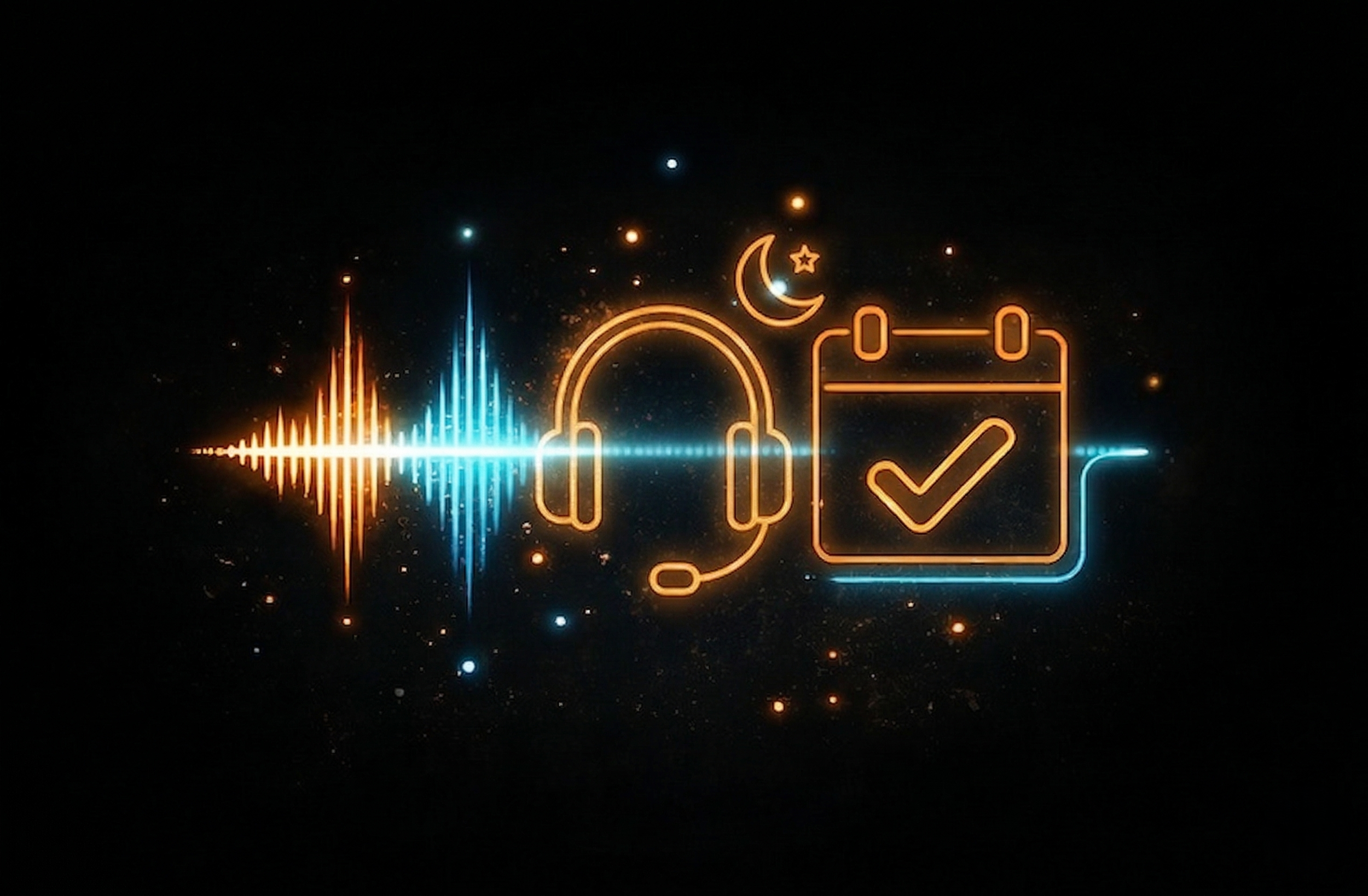 Neon-style digital graphic with sound wave, headphones, crescent moon and stars, and a calendar with a checkmark.