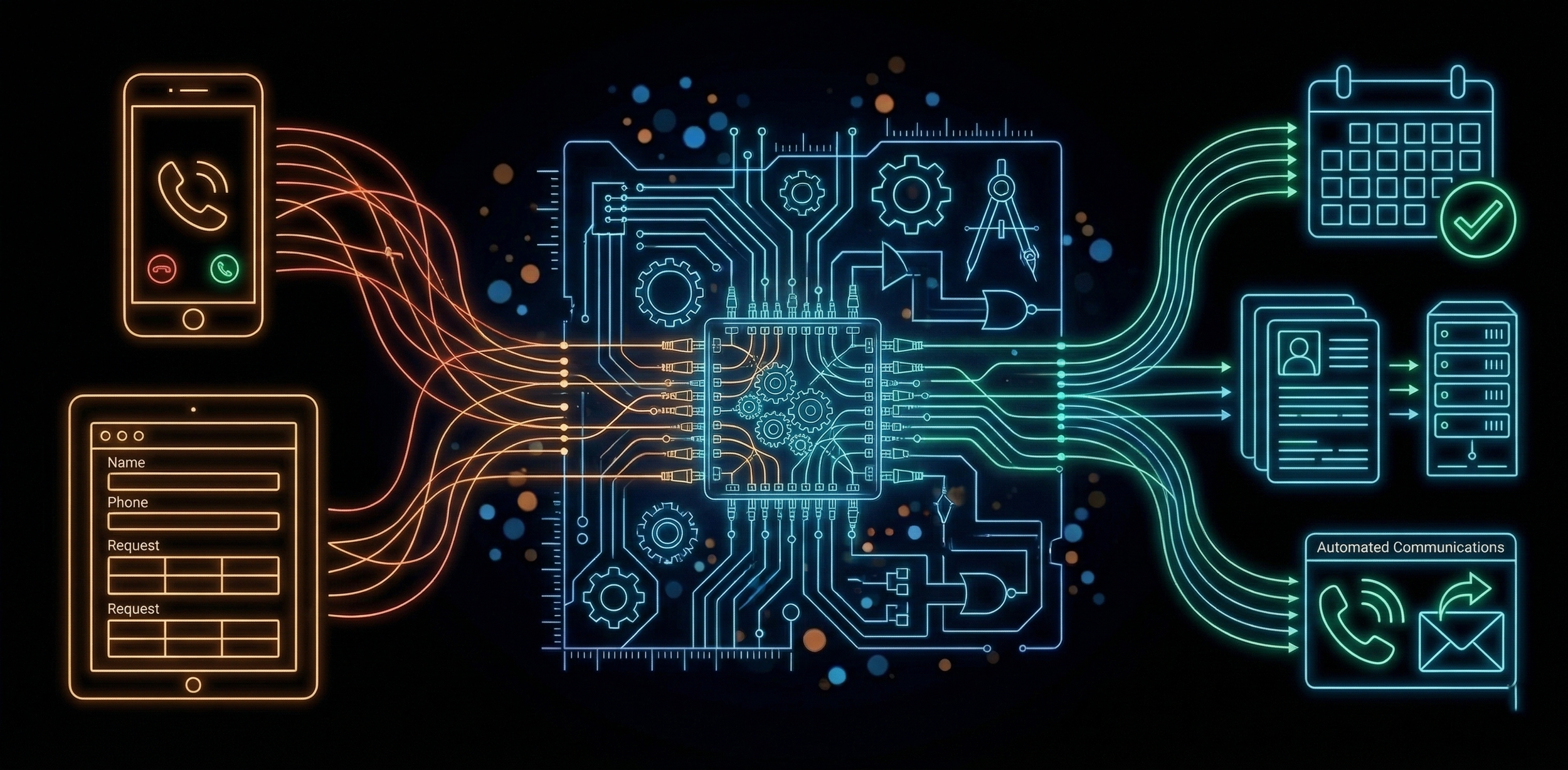 Neon digital illustration of communication systems with smartphones, circuit boards, gears, and icons representing calls, data, and messaging.