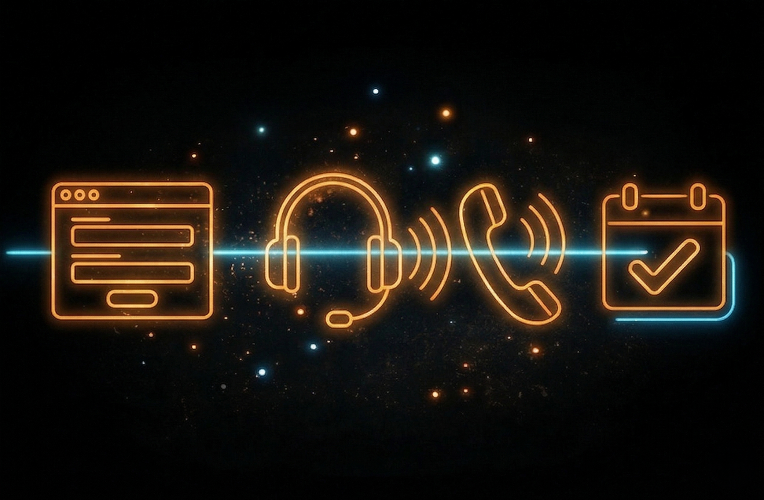 Neon icons representing online communication, including a web browser, headphones, a phone receiver, and a checkmark in a box, against a dark background with small glowing dots.