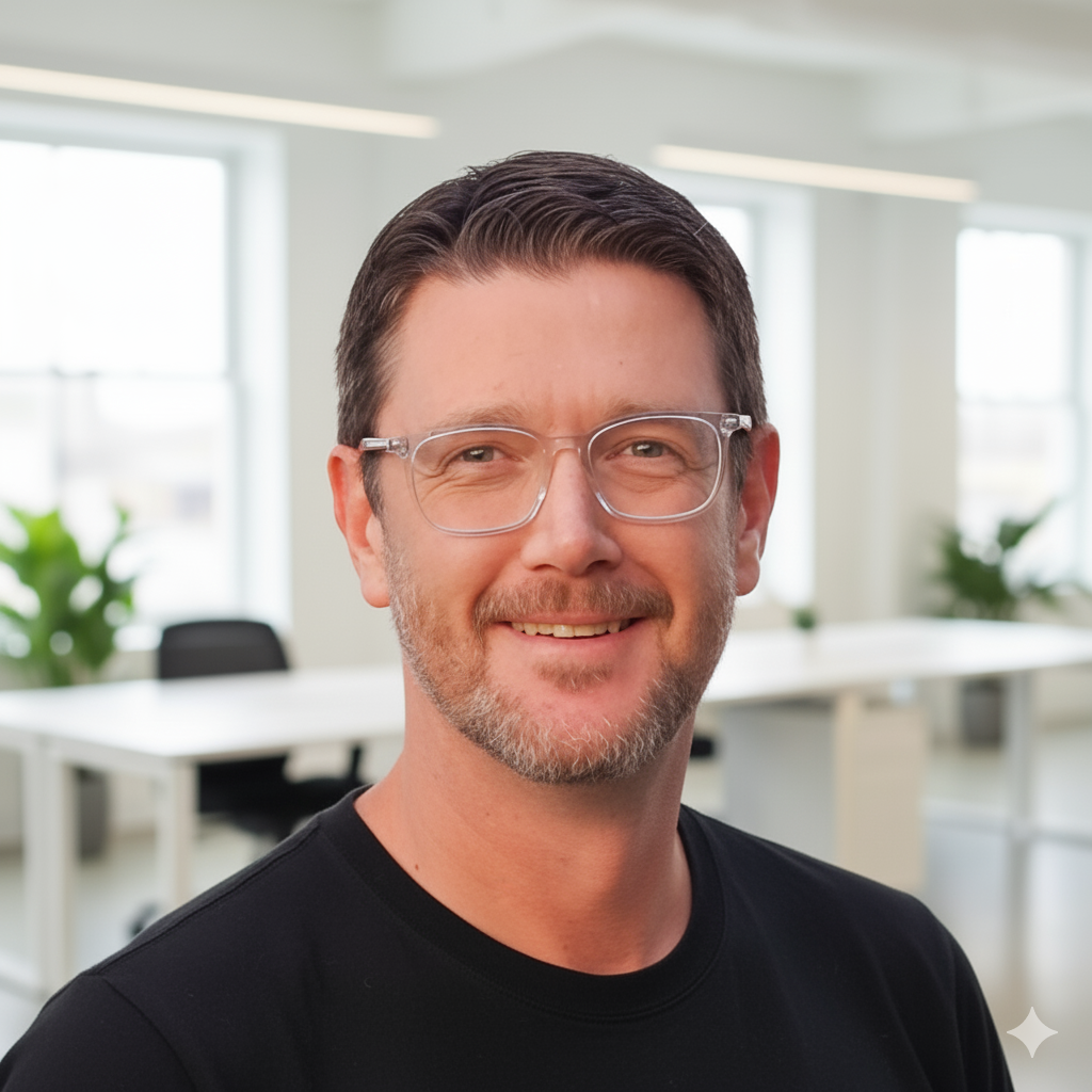 A man with dark hair, glasses, and a beard smiling in a bright office space with large windows and green plants.