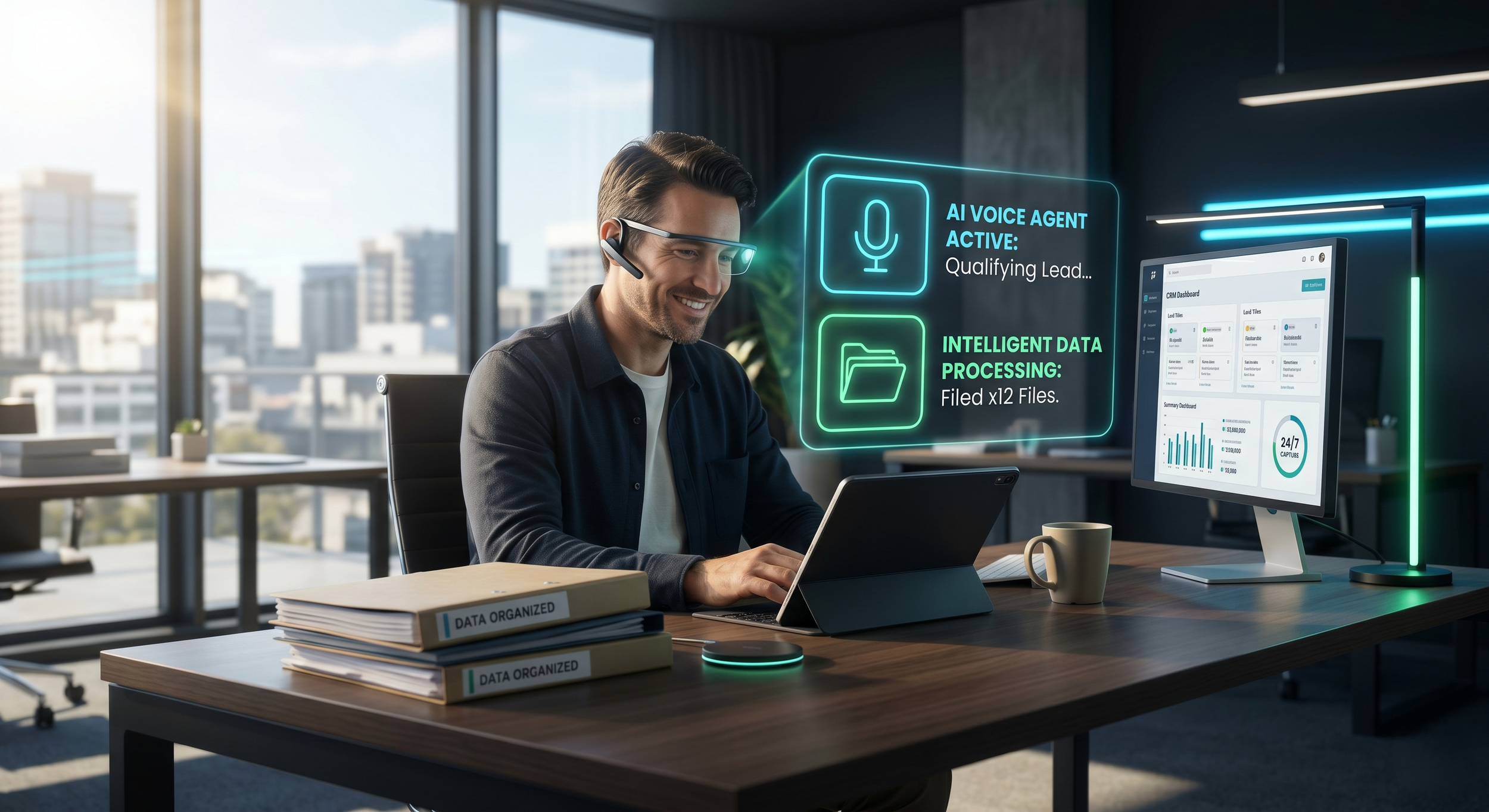 Premium business photo of AI voice agents and smart data processing, delivering business process improvement and operational efficiency for small businesses.