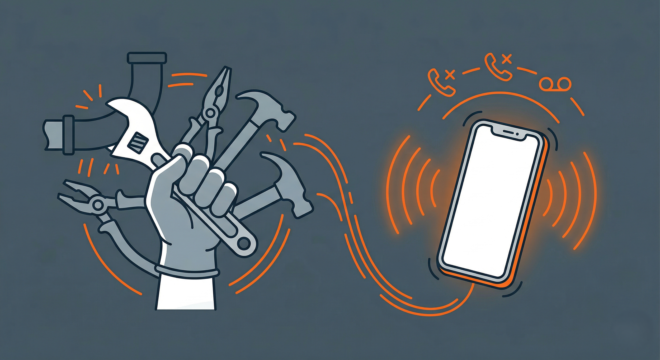 Illustration of a hand holding various tools on the left, and a smartphone emitting signals on the right, with orange accents.