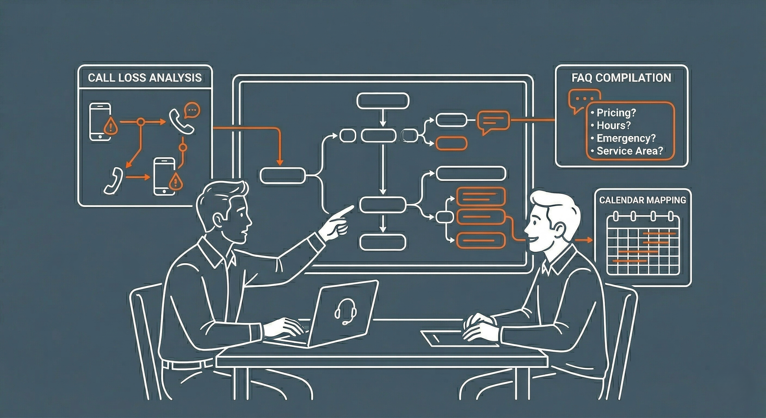 Line drawing of two men at a table analyzing a flowchart on a large screen. The flowchart includes sections labeled 'Call Loss Analysis,' 'FAQ Compilation,' and 'Calendar Mapping.' Various icons such as chat bubbles, phone symbols, and charts are present.