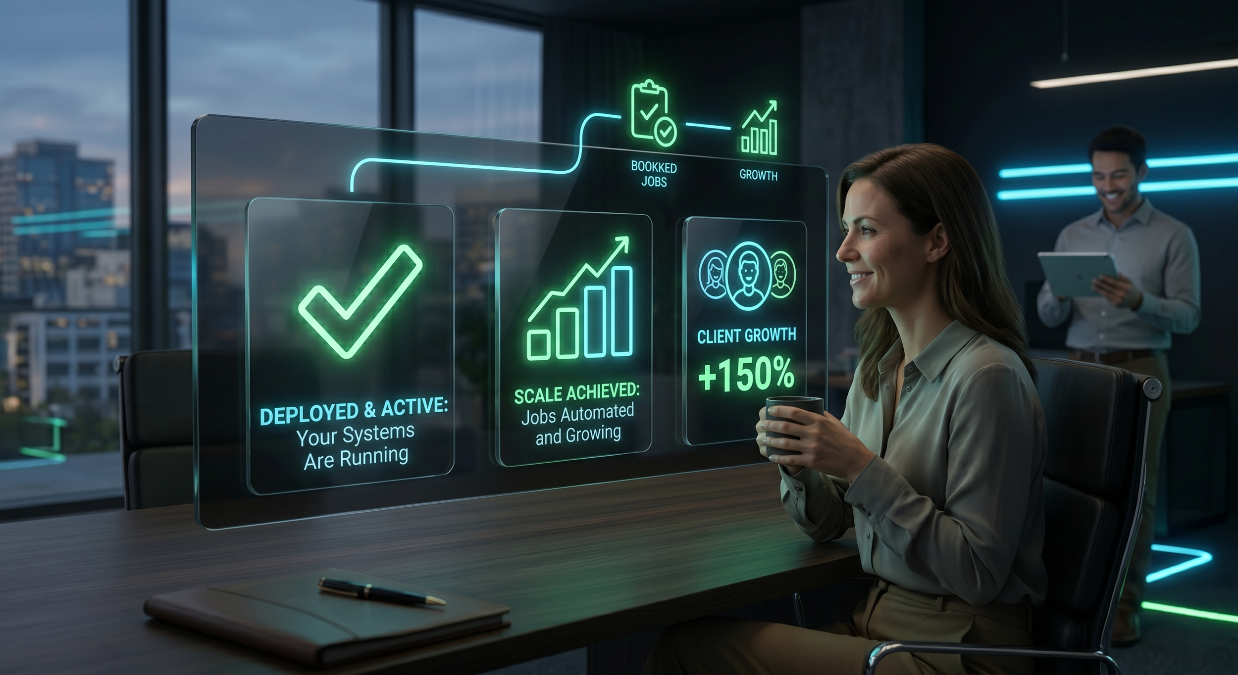 Premium business photo of successful AI implementation and process automation, delivering scaling client growth and operational efficiency for small businesses.