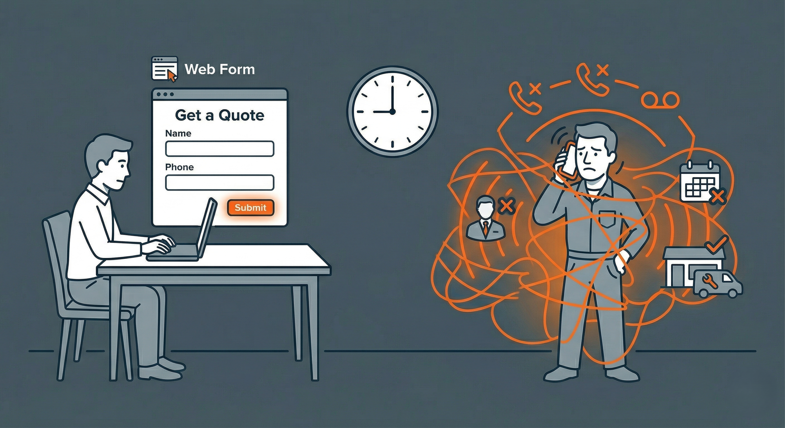 A person sitting at a desk using a laptop, a large web form on the wall titled 'Get a Quote' with fields for name and phone and a submit button, a clock showing 12:15, and another person talking on the phone surrounded by tangled orange lines, icons of a person, a calendar, a delivery truck with a wrench, and phone and X symbols.