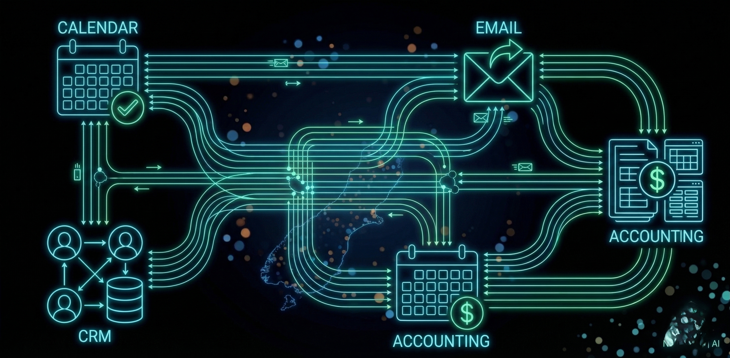 Digital flowchart illustrating business processes, including calendar scheduling, CRM management, email communication, accounting, and financial transactions, with interconnected neon blue lines and icons on a black background.
