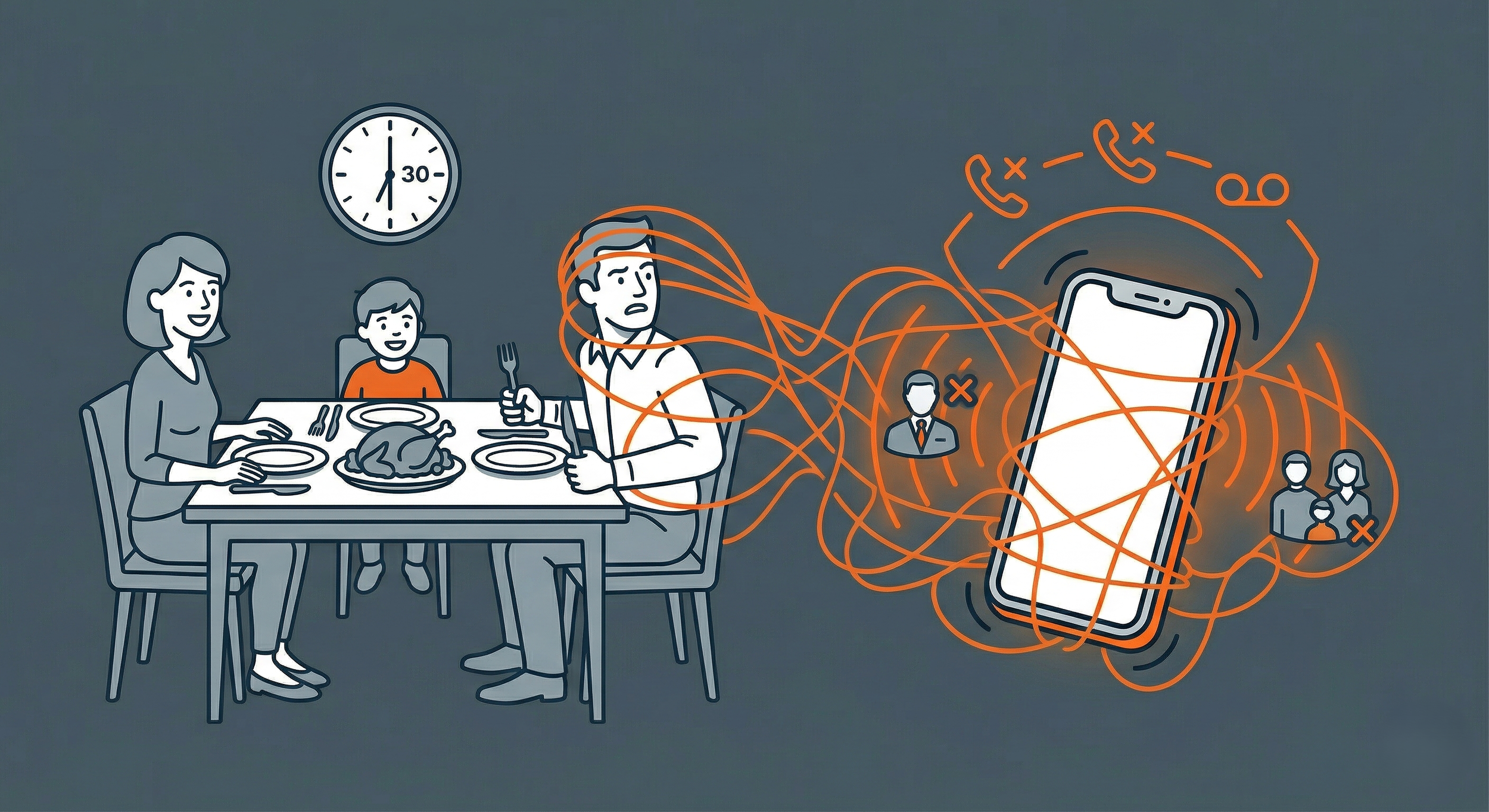 Illustration of family at dinner table with a large smartphone emitting tangled orange lines connecting to various icons, including a person, an alarm clock, and a couple, representing digital distraction or social media influence.
