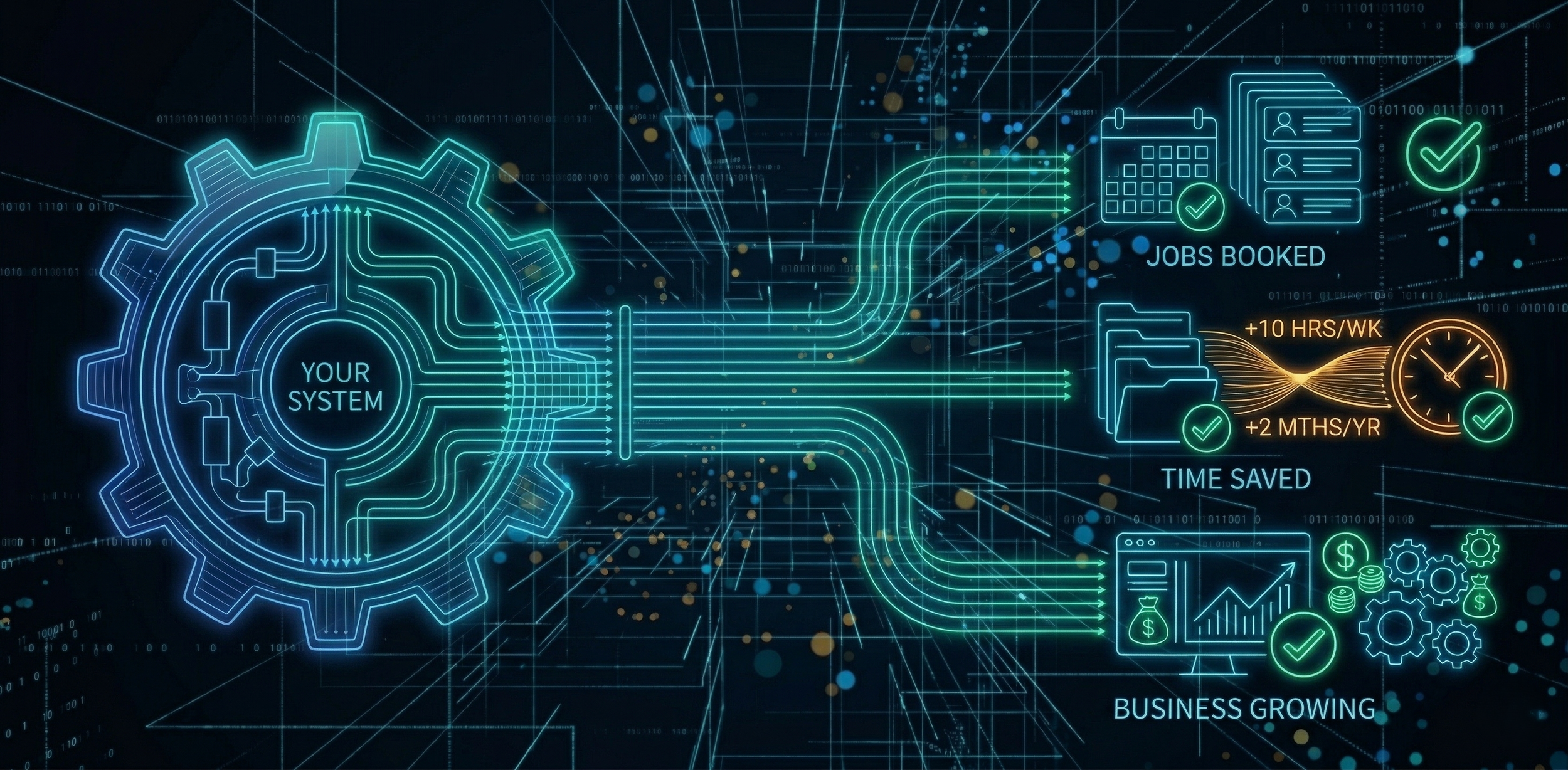 A digital illustration of a futuristic system with interconnected pathways leading to icons representing booked jobs, time saved, and business growth, with labels indicating benefits like additional hours, more months per year, and cost savings.