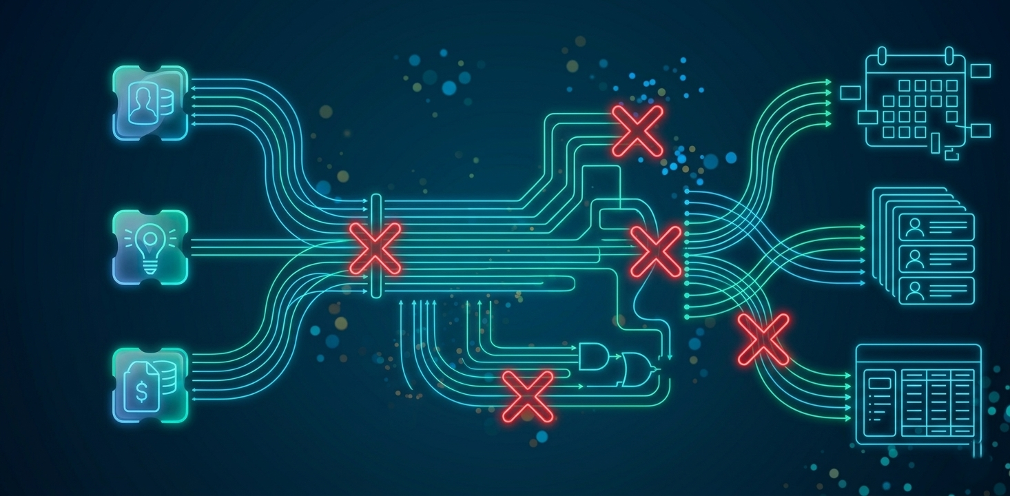 Digital neon flowchart illustrating data processing with blocked pathways marked by red X's, including icons of identification, idea, and finances, connected to various outputs such as tables and spreadsheets.