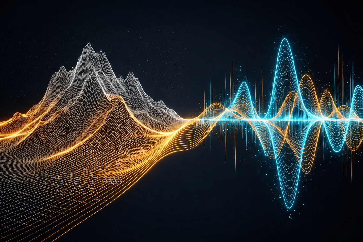 Digital visualization of sound waves and 3D wireframe mountains in blue and orange on a dark background.