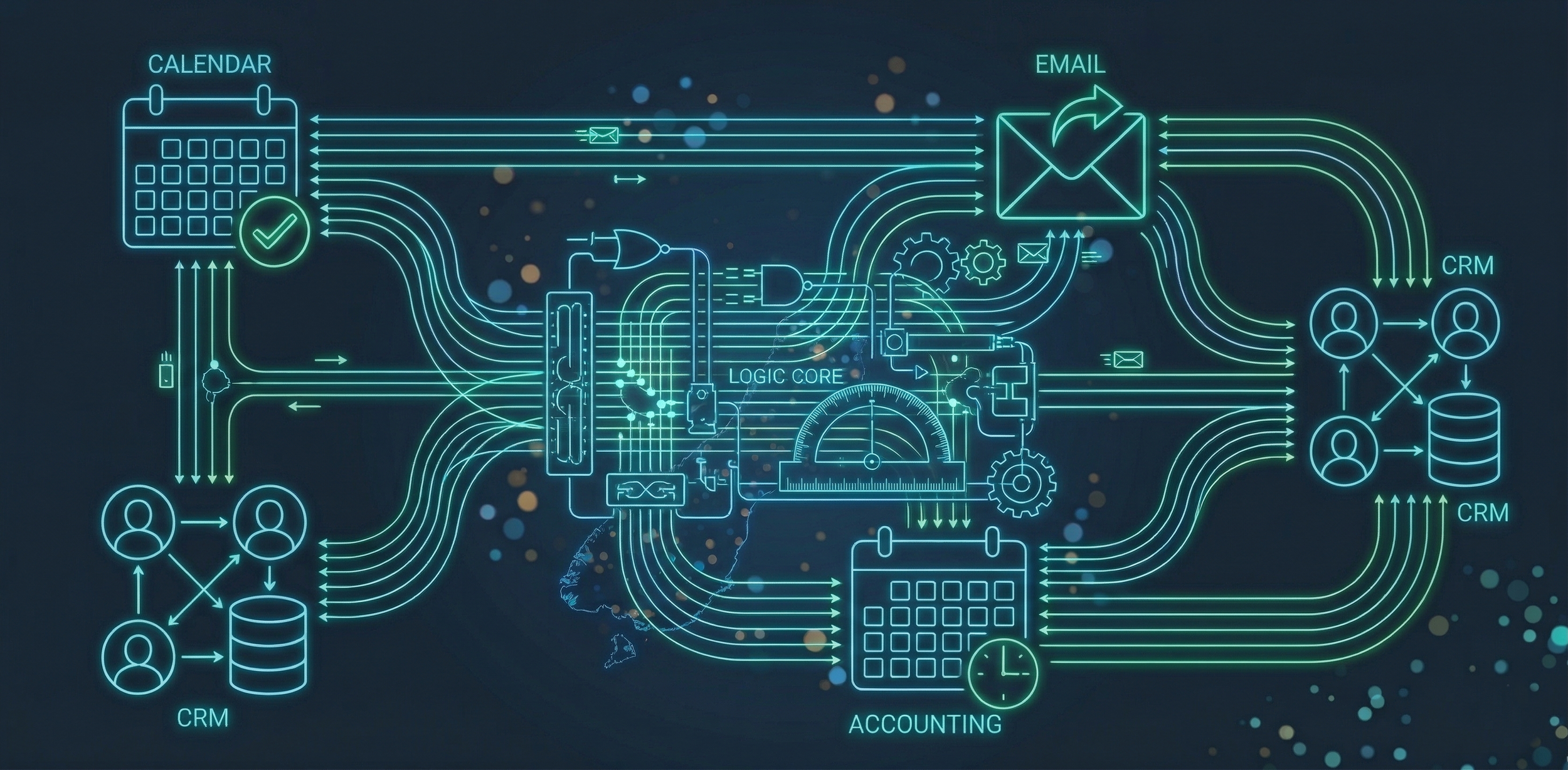 Digital flowchart illustrating interconnected systems including calendar, email, CRM, accounting, and logic core with lines representing data flow.