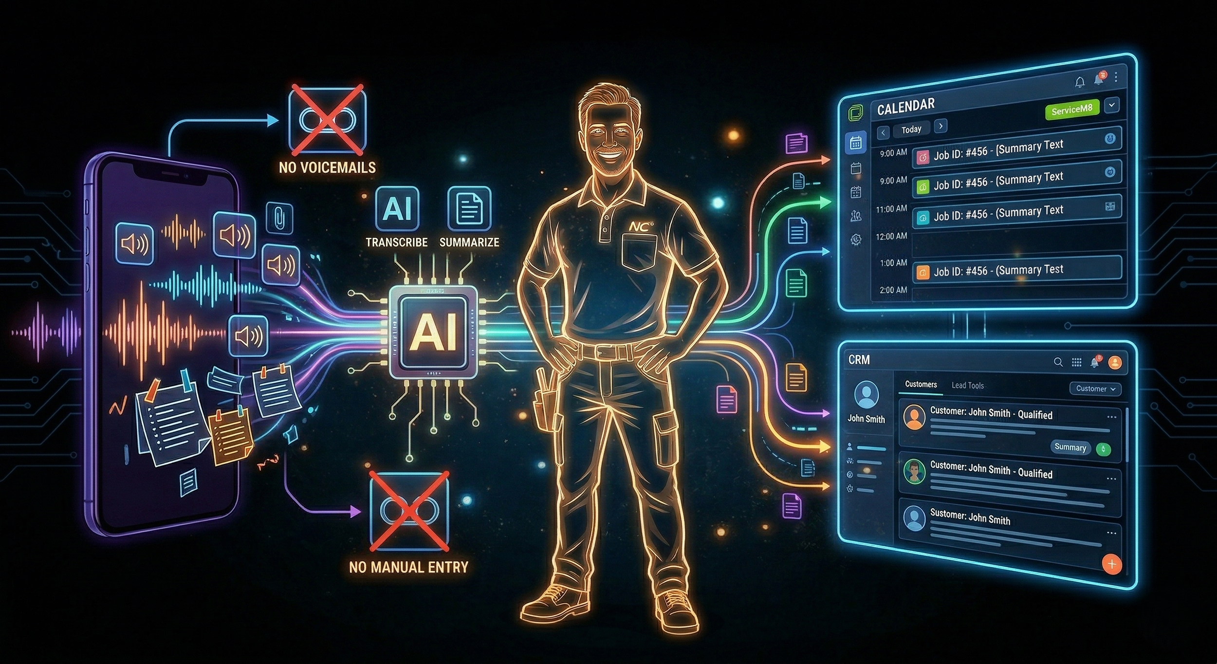 Digital illustration of a man surrounded by AI-powered applications, including voice-to-text, calendar, and CRM interfaces, with icons indicating no voicemails and no manual entry, showing automation and artificial intelligence in a work environment.