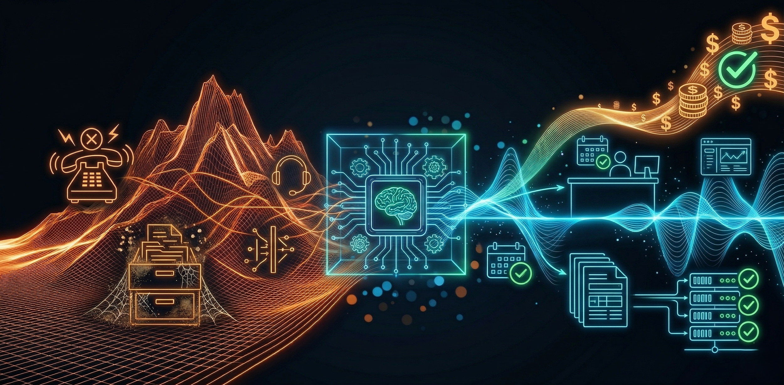 Digital illustration of artificial intelligence and data analysis with colorful icons, graphs, and a brain at the center.