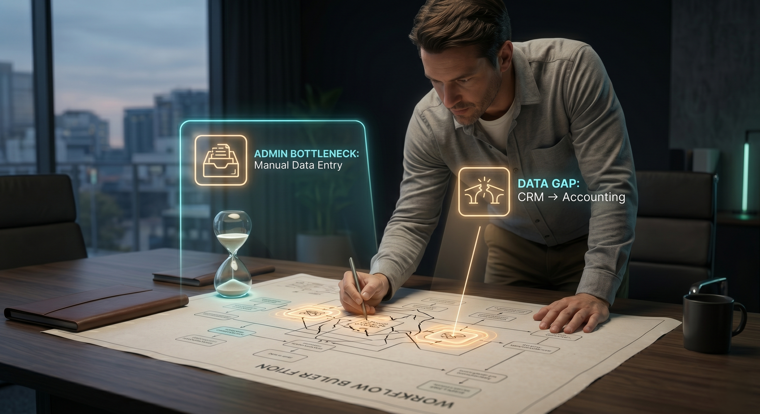 Close-up photo-realistic image of a business process improvement audit, identifying manual bottlenecks and wasted operational time for small business automation.