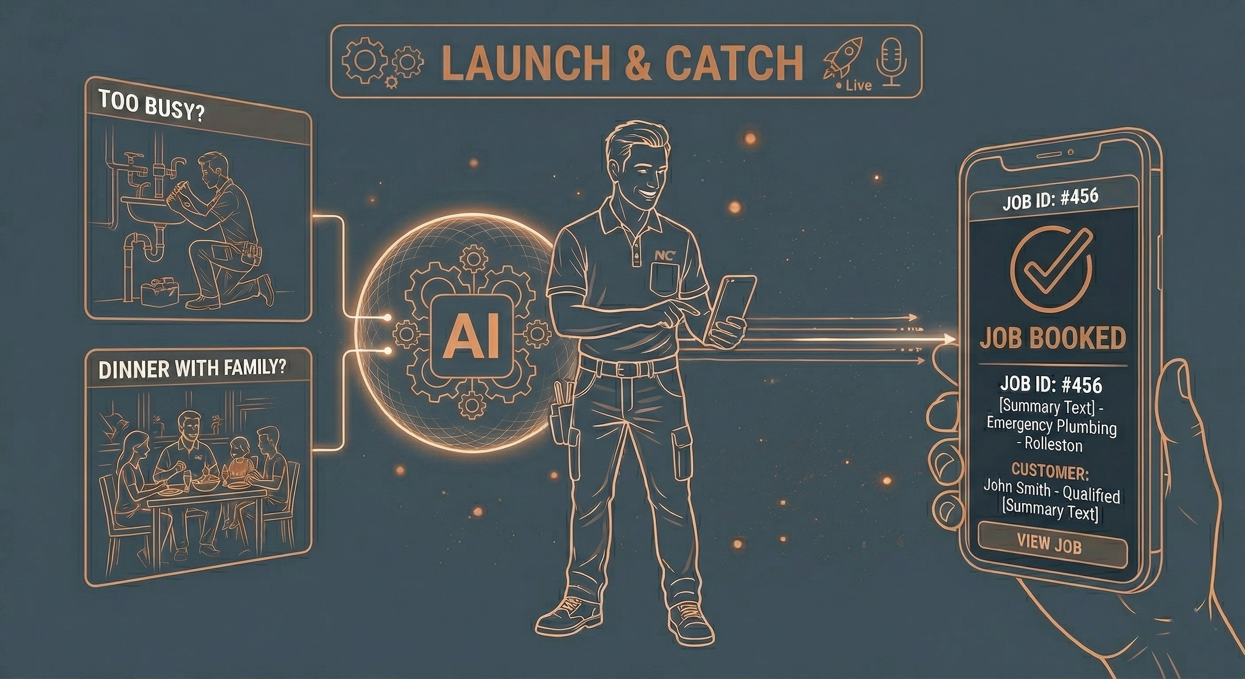 Digital illustration showing how AI helps schedule jobs like plumbing and dinner plans, with a man using a mobile phone to view a confirmed job for emergency plumbing, customer details, and job ID.