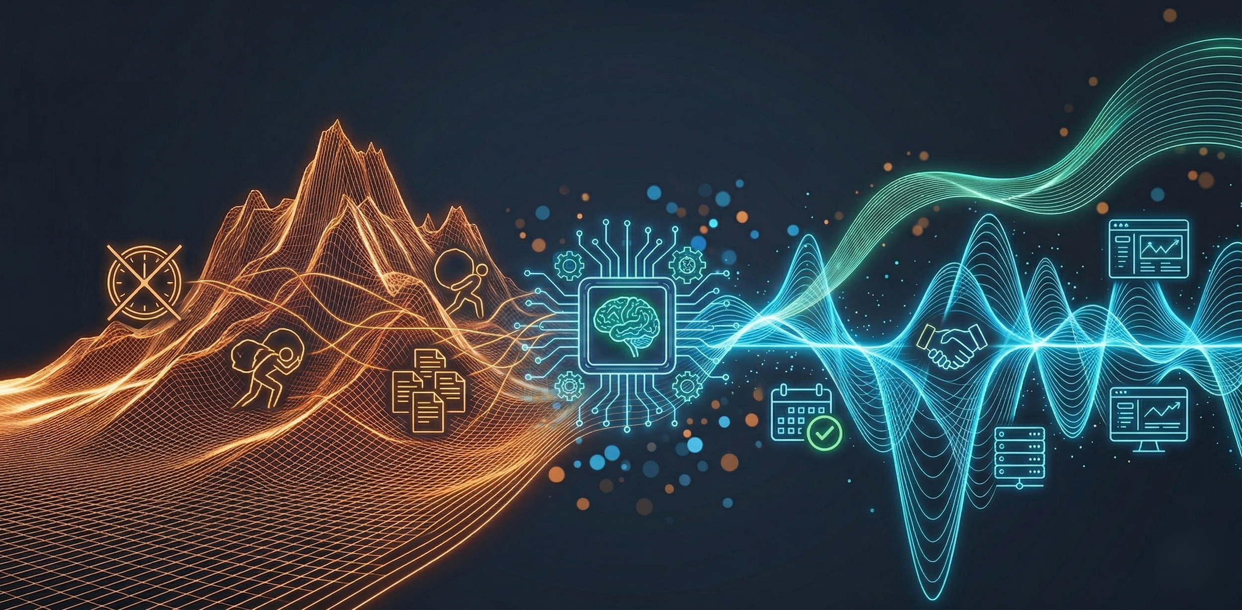 Digital illustration of data representing human brain, artificial intelligence, and technology, with a mountain of glowing lines on the left, and waves of data on the right, symbolizing the connection between nature, technology, and AI.