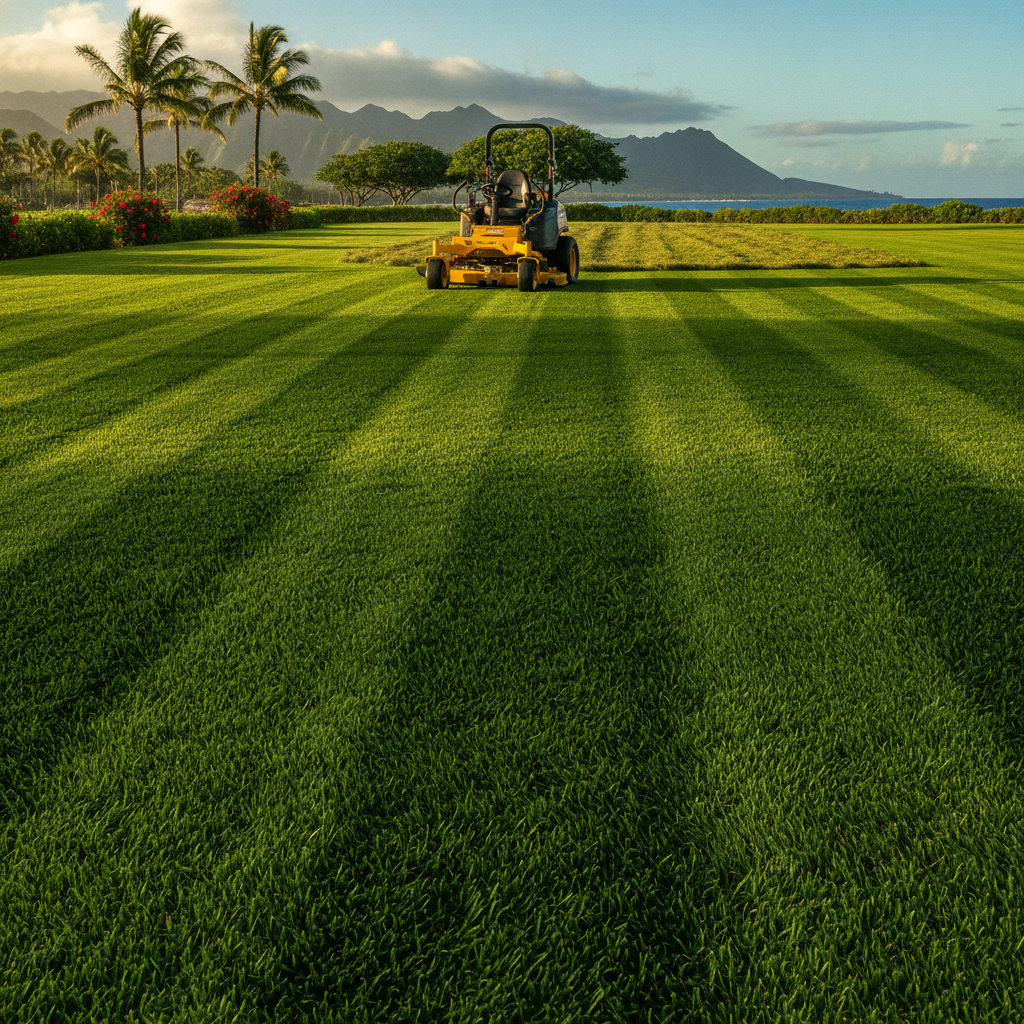 A yellow riding lawn mower mowing a lush green lawn with Mountains and palm trees in the background under a partly cloudy sky.