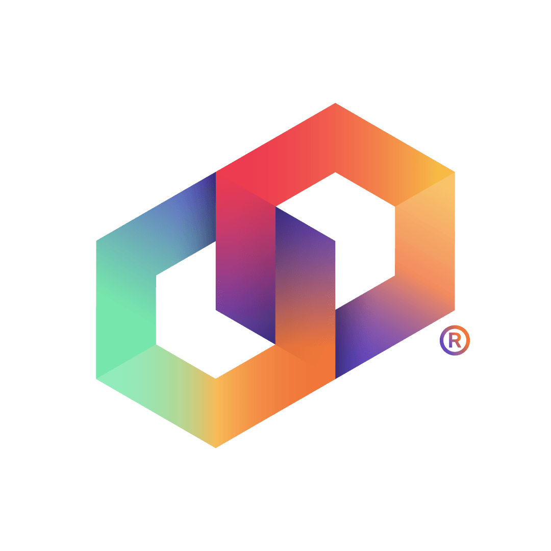 Logotipo de la marca de tecnología con formas hexagonales y colores degradados.