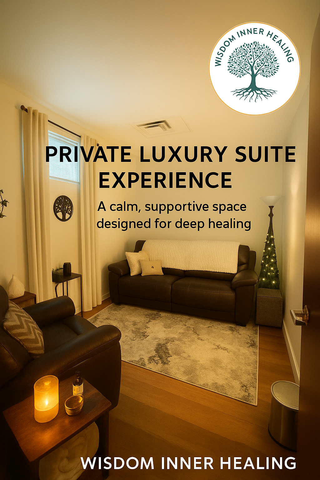 Living room with dark brown leather couches, white curtains, and a decorative tree wall hanging, promoting a private luxury suite experience for deep healing at Wisdom Inner Healing.