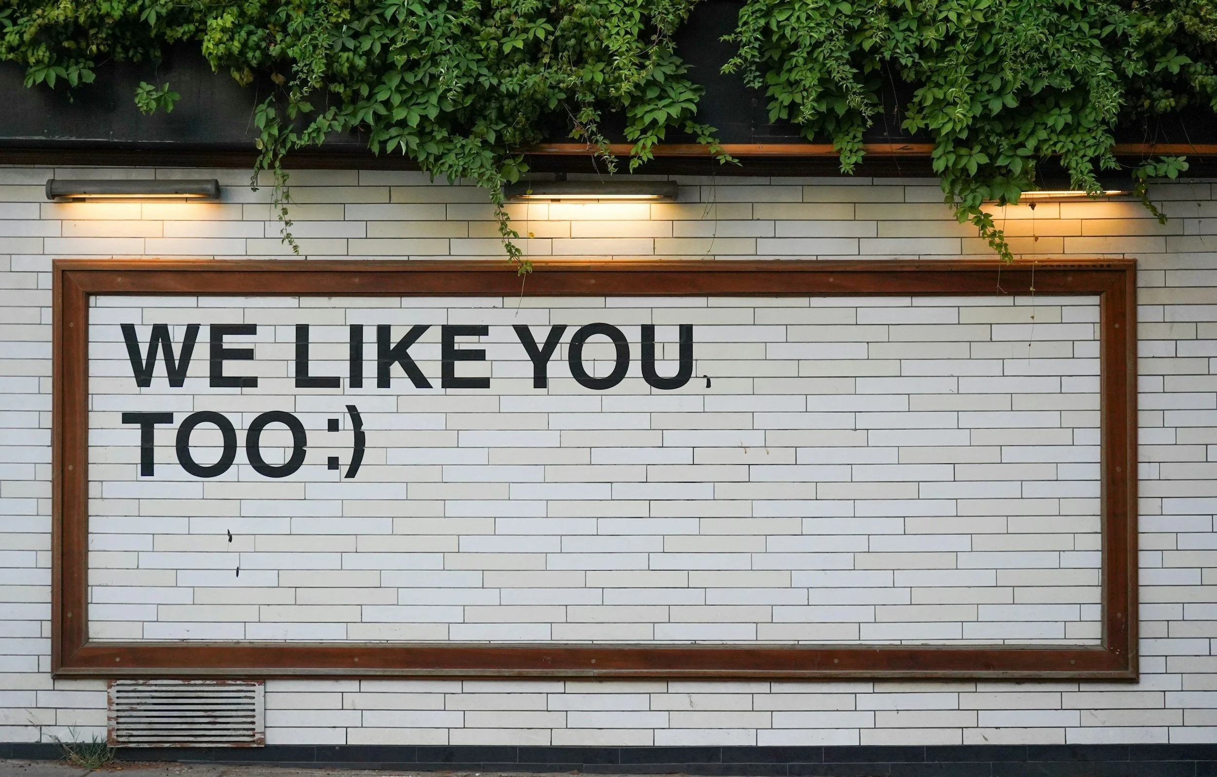 Sign on a ivory brick wall saying "We like you, too" with a smiley face.