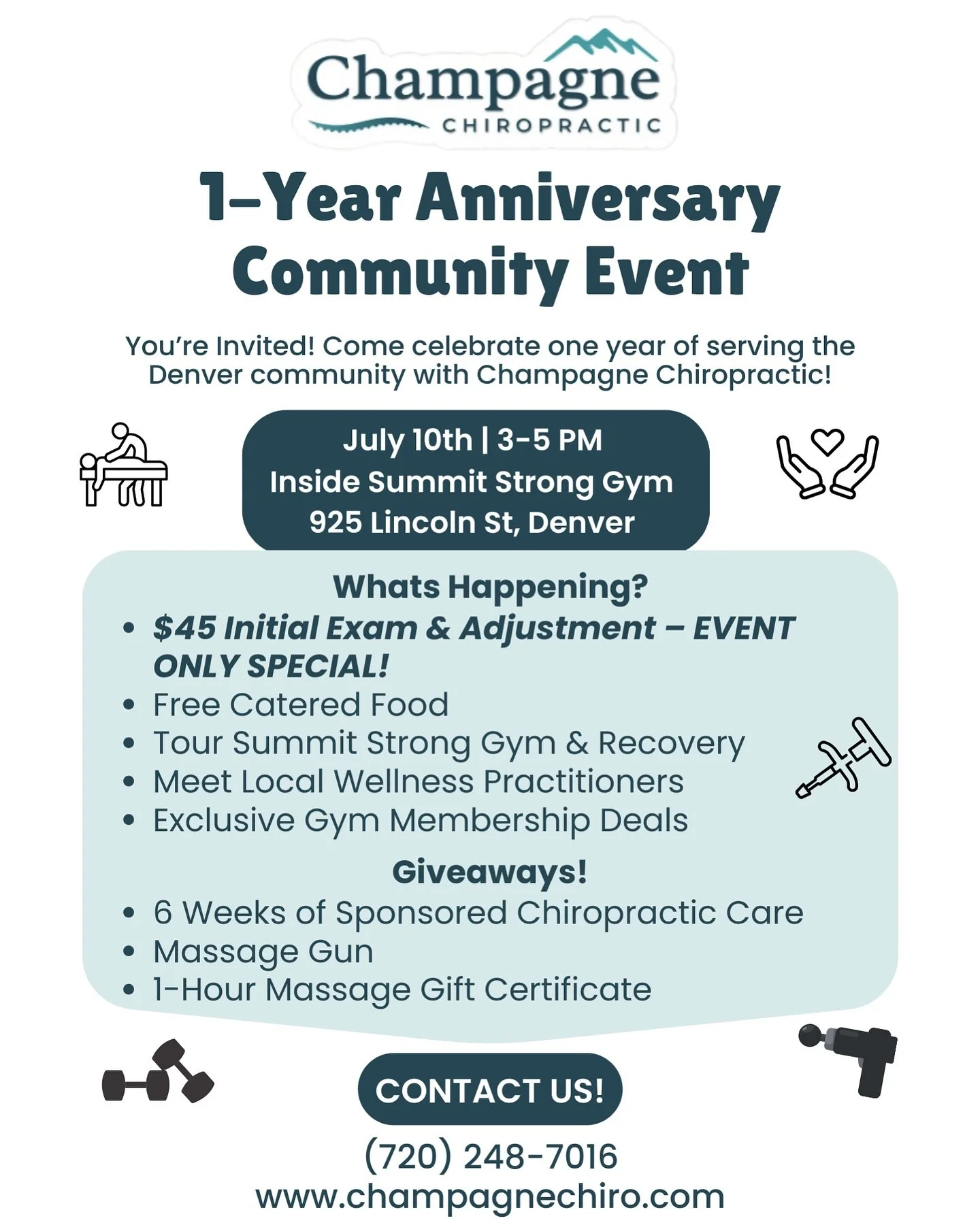 One year of serving the Denver community — and we’re just getting started! πͺ
Come celebrate with us at Champagne Chiropractic’s 1-Year Anniversary Community Event! π
π When: July 10th | 3–5 PM
π Where: Inside @summitstro