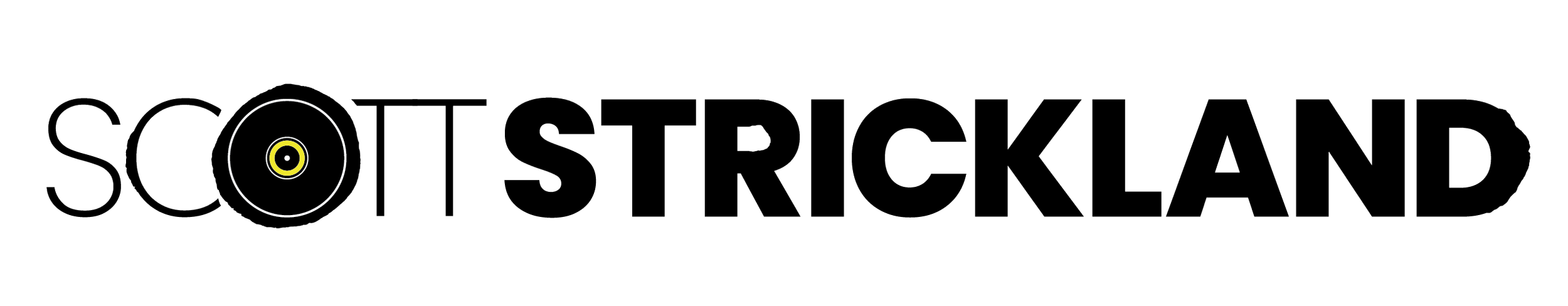 Logo with the words 'Scot Strickland' and a stylized record with a yellow center.